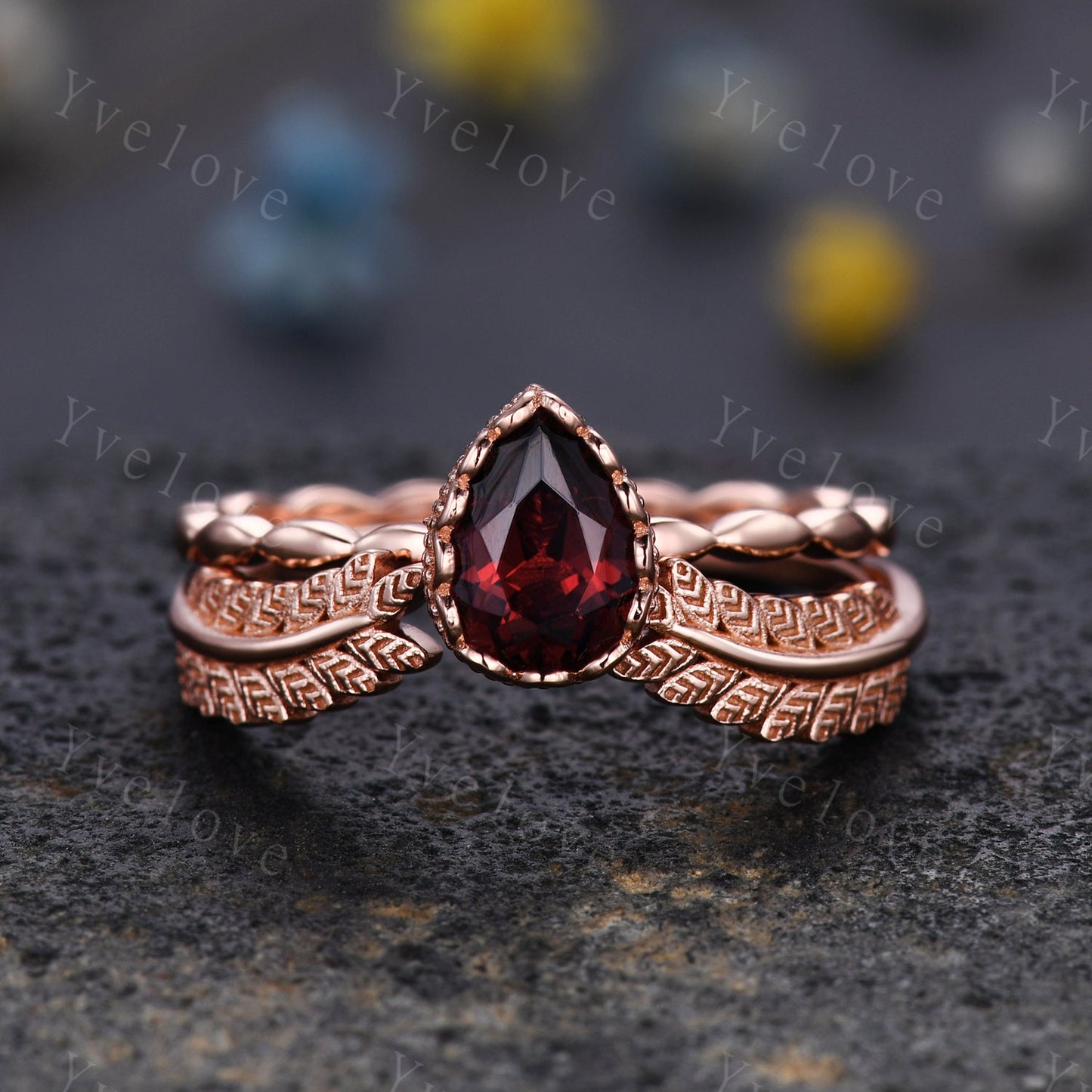 Vintage Pear Cut Red Garnet Engagement Ring Set Unique Leaf Twisted Design Ring Art Deco 14K Rose Gold Open Gap Band Bridal Set Customized