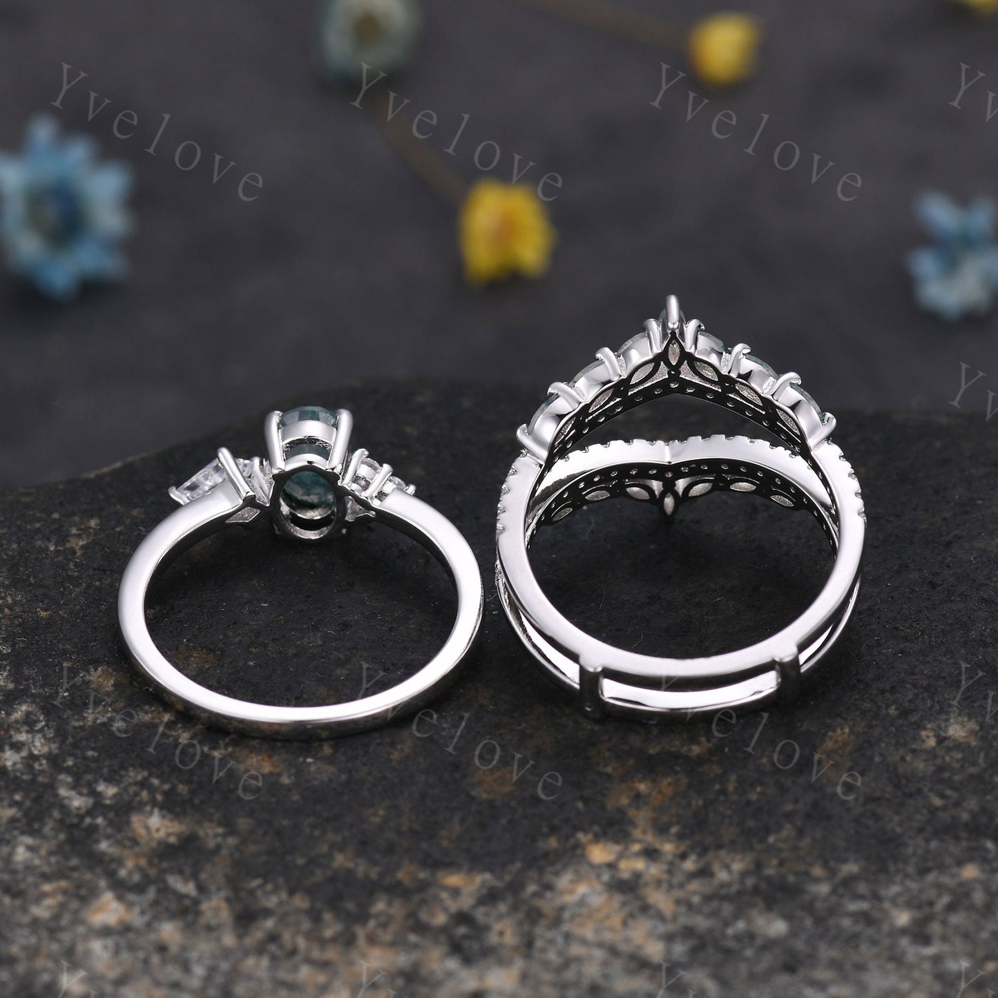 Vintage Moss Agate Ring Set,Moss Agate Engagement Ring,Enhancer Band,Double Curved Wedding band,Women Bridal Matching Stacking Band,Handmade