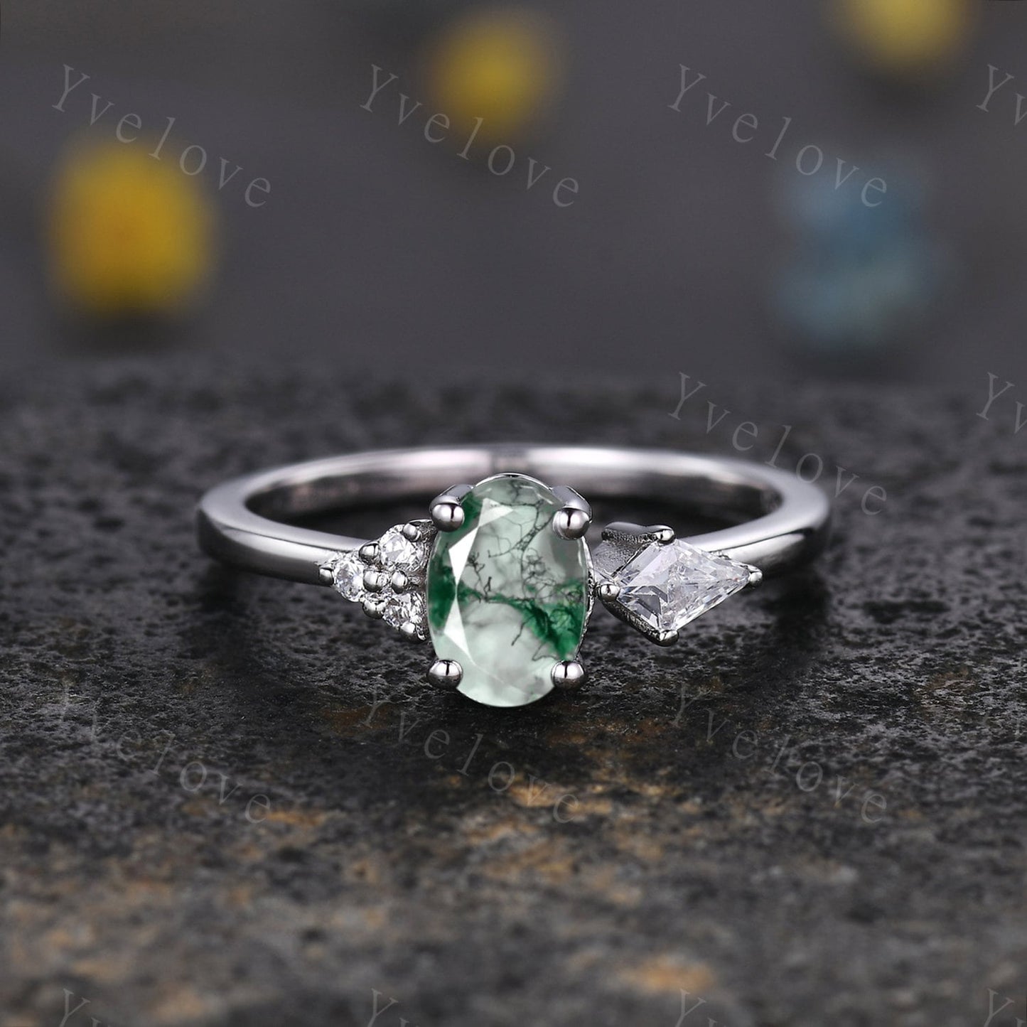 Vintage Moss Agate Ring Set,Moss Agate Engagement Ring,Enhancer Band,Double Curved Wedding band,Women Bridal Matching Stacking Band,Handmade