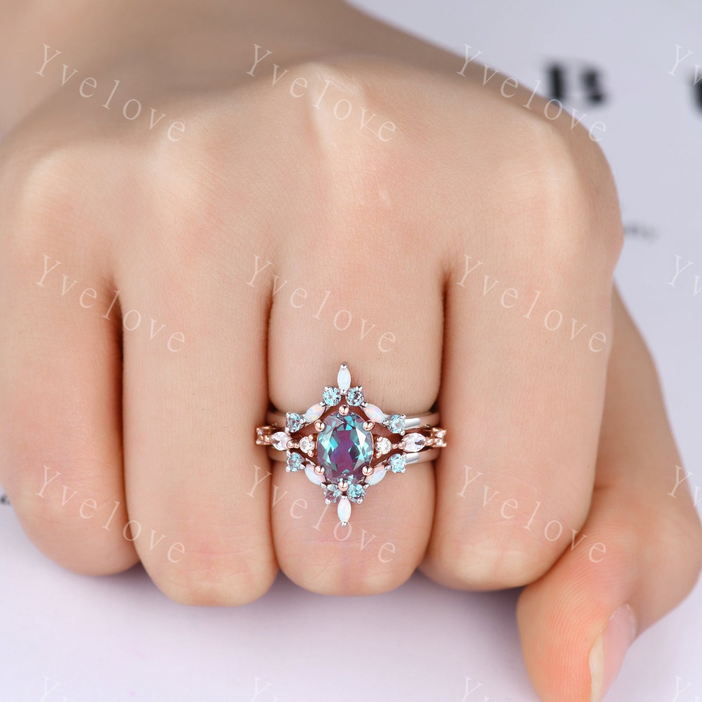 Vintage alexandite engagement ring set,Unique gold wedding set,Art deco opal alexandrite matching stacking ring,bridal set,rings for women