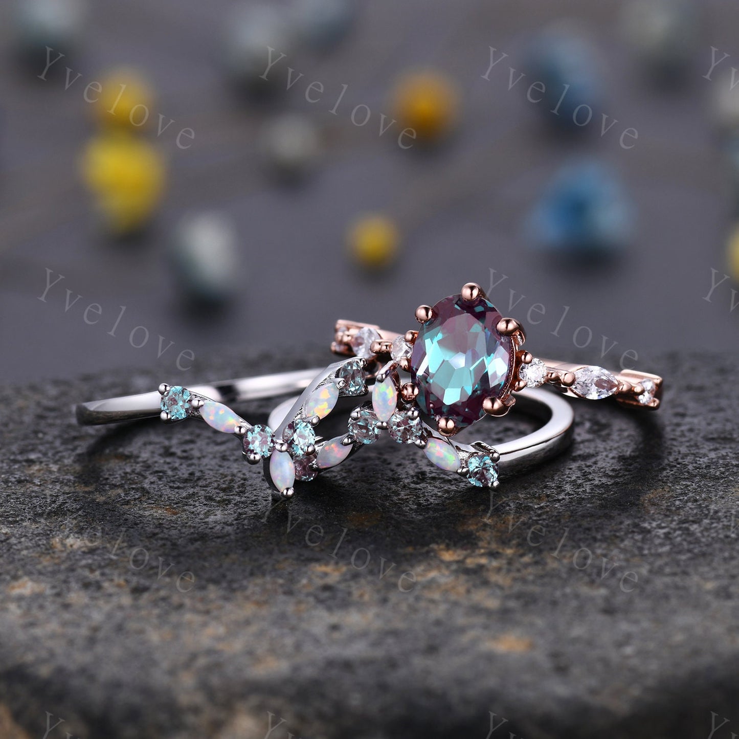 Vintage alexandite engagement ring set,Unique gold wedding set,Art deco opal alexandrite matching stacking ring,bridal set,rings for women