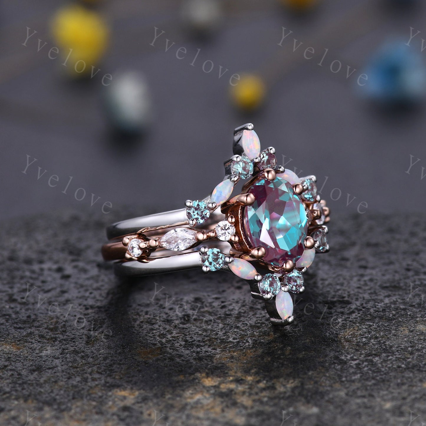 Vintage alexandite engagement ring set,Unique gold wedding set,Art deco opal alexandrite matching stacking ring,bridal set,rings for women