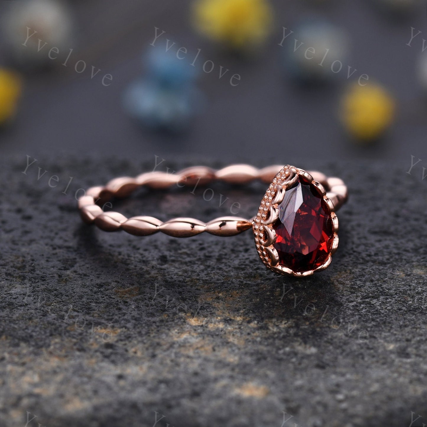 Vintage Oval Cut Red Garnet Engagement Ring Set Unique Leaf Twisted Design Ring Art Deco 14K Rose Gold Open Gap Band Bridal Set Customized