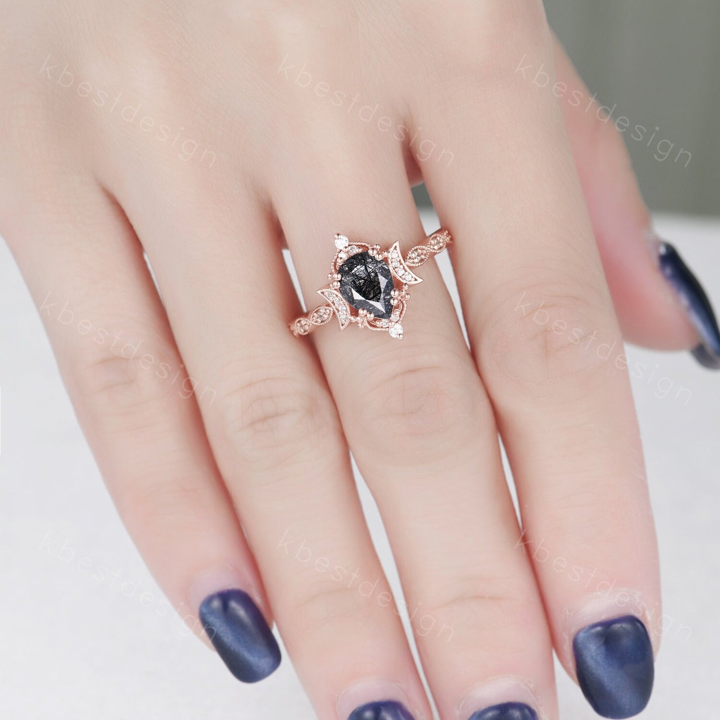 Pear shaped black rutilated quartz engagement ring unique moon style ring vintage art deco moissanite wedding ring bridal promise ring gift