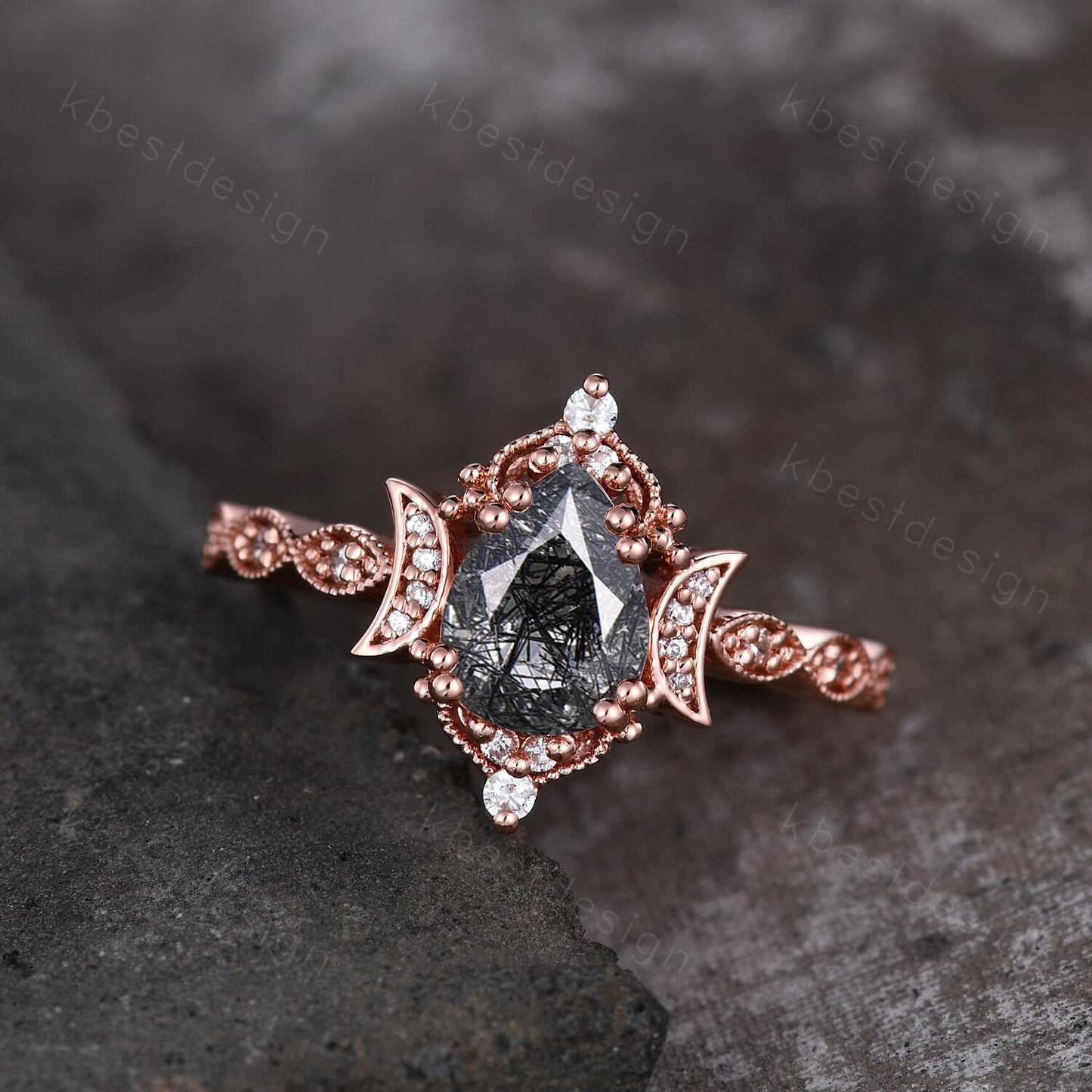 Pear shaped black rutilated quartz engagement ring unique moon style ring vintage art deco moissanite wedding ring bridal promise ring gift