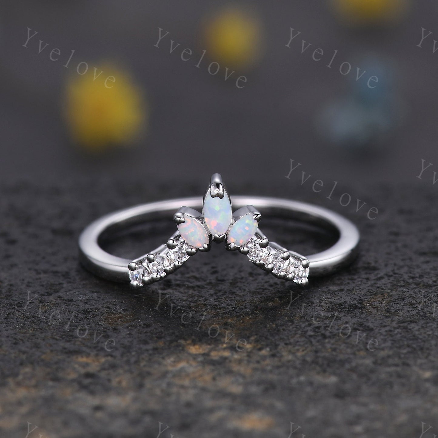 Art Deco Opal Wedding Band,Marquise Opal Band,Moissanite Diamond Band,V Chevron Ring,Matching Stacking Ring Bridal Promise Ring Gift,Silver