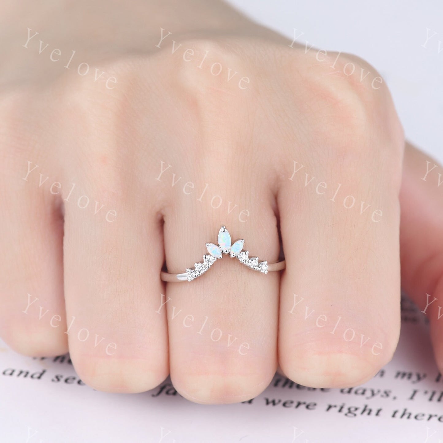 Art Deco Opal Wedding Band,Marquise Opal Band,Moissanite Diamond Band,V Chevron Ring,Matching Stacking Ring Bridal Promise Ring Gift,Silver