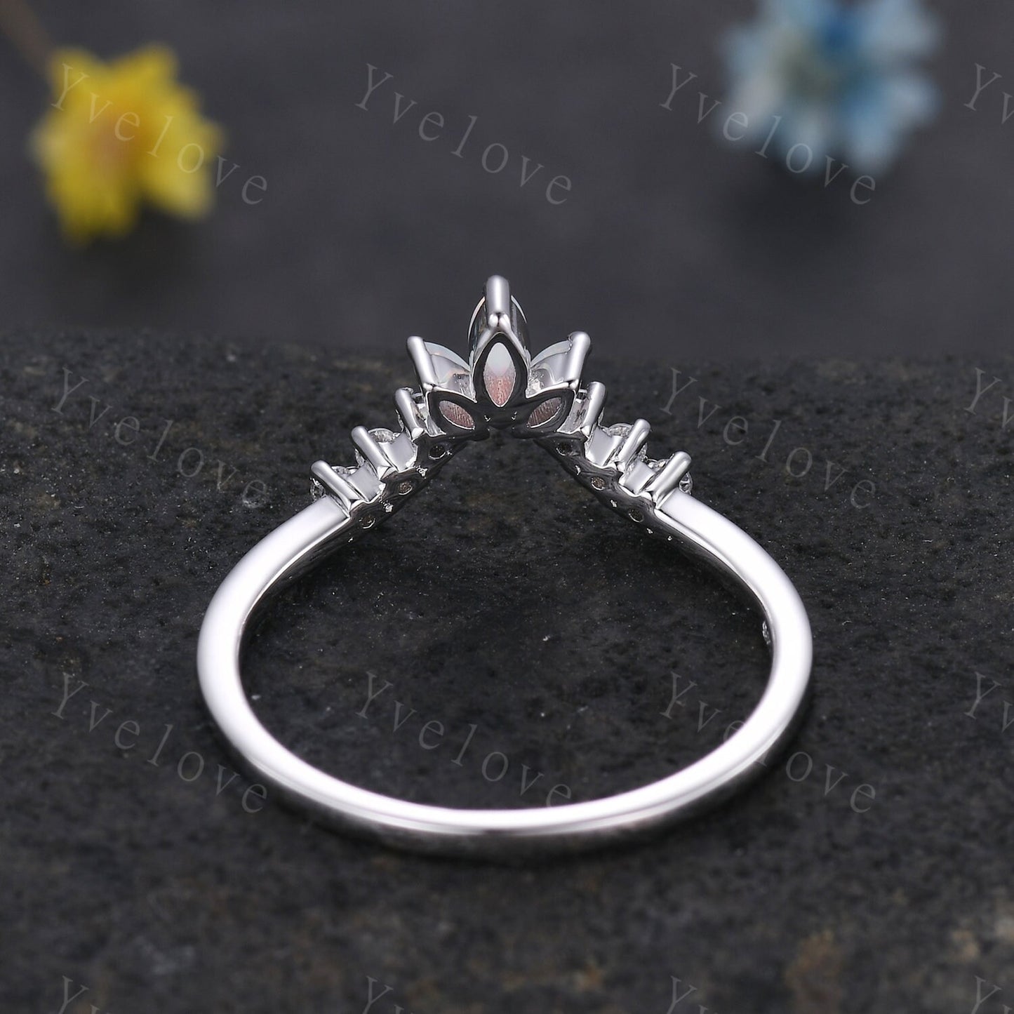 Art Deco Opal Wedding Band,Marquise Opal Band,Moissanite Diamond Band,V Chevron Ring,Matching Stacking Ring Bridal Promise Ring Gift,Silver