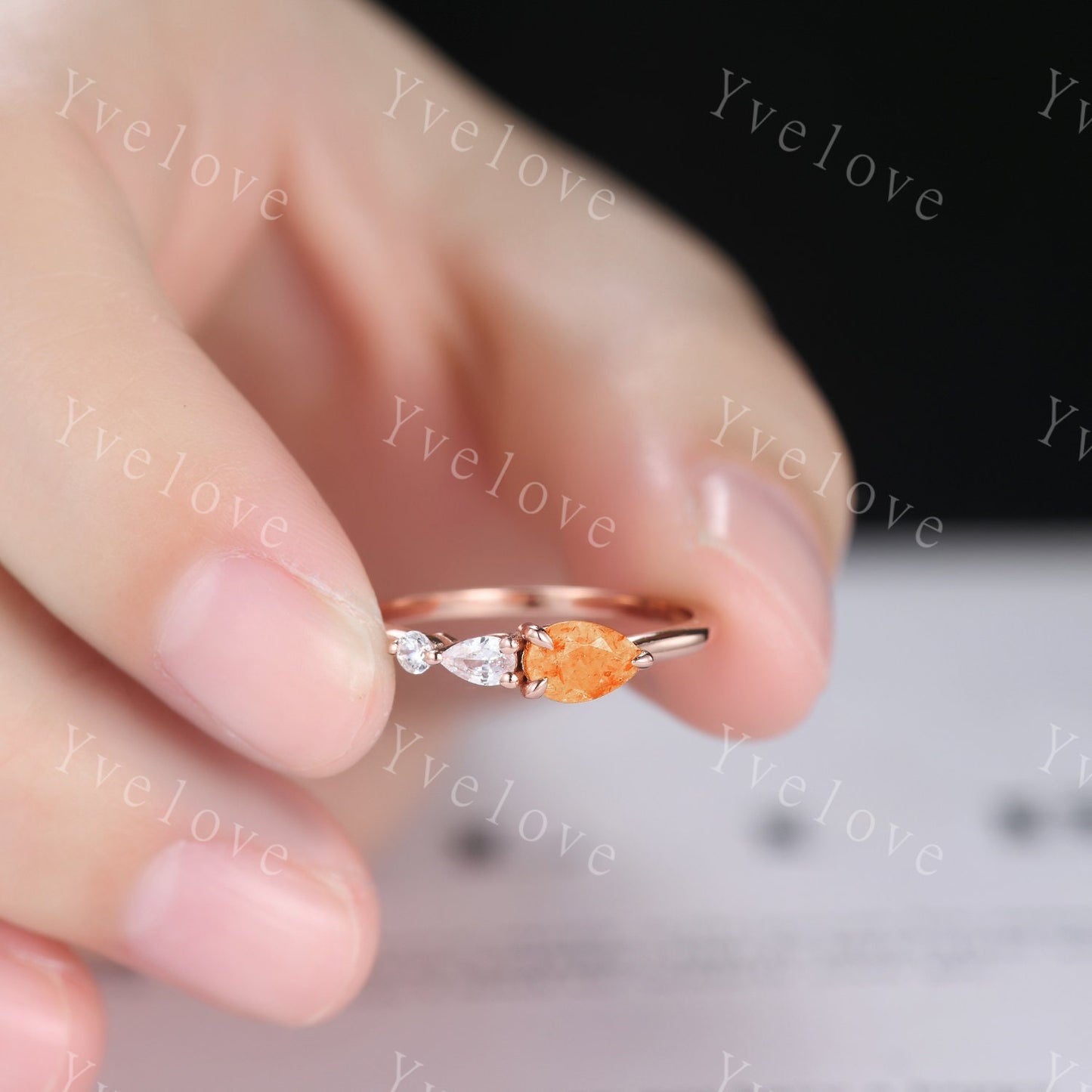 Vintage Sunstone Engagement Ring,Pear Cut Gems,Art Deco Moissanite Wedding Band,3 Stone Unique Women Bridal Promise Ring,14k Rose gold Gift