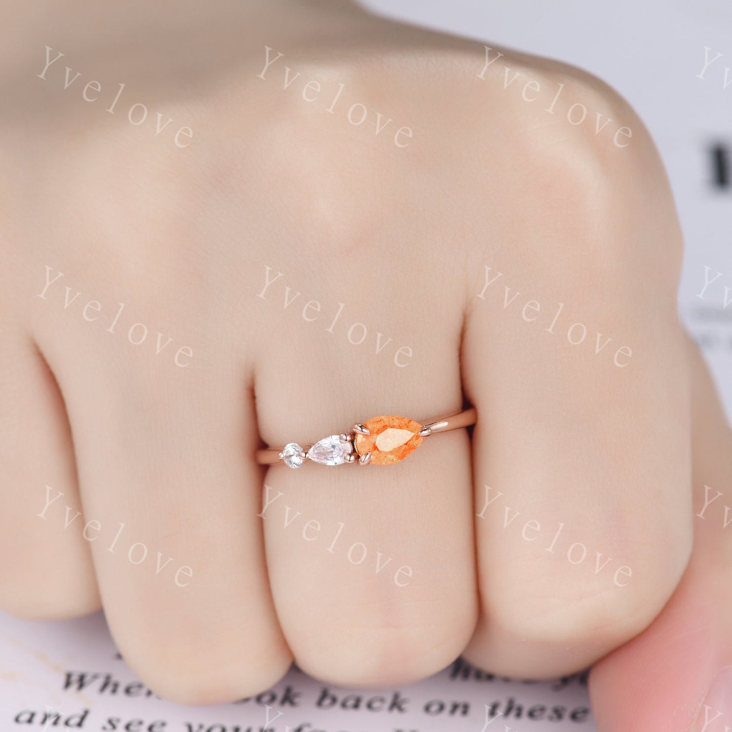 Vintage Sunstone Engagement Ring,Pear Cut Gems,Art Deco Moissanite Wedding Band,3 Stone Unique Women Bridal Promise Ring,14k Rose gold Gift