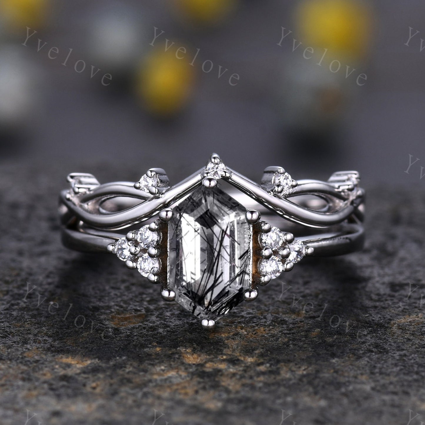 Retro hexagon Black Rutilate Quartz Ring,Vintage Sterling Silver Ring Set,Unique Engagement Ring,Promise Ring,Anniversary Ring Gift For Her