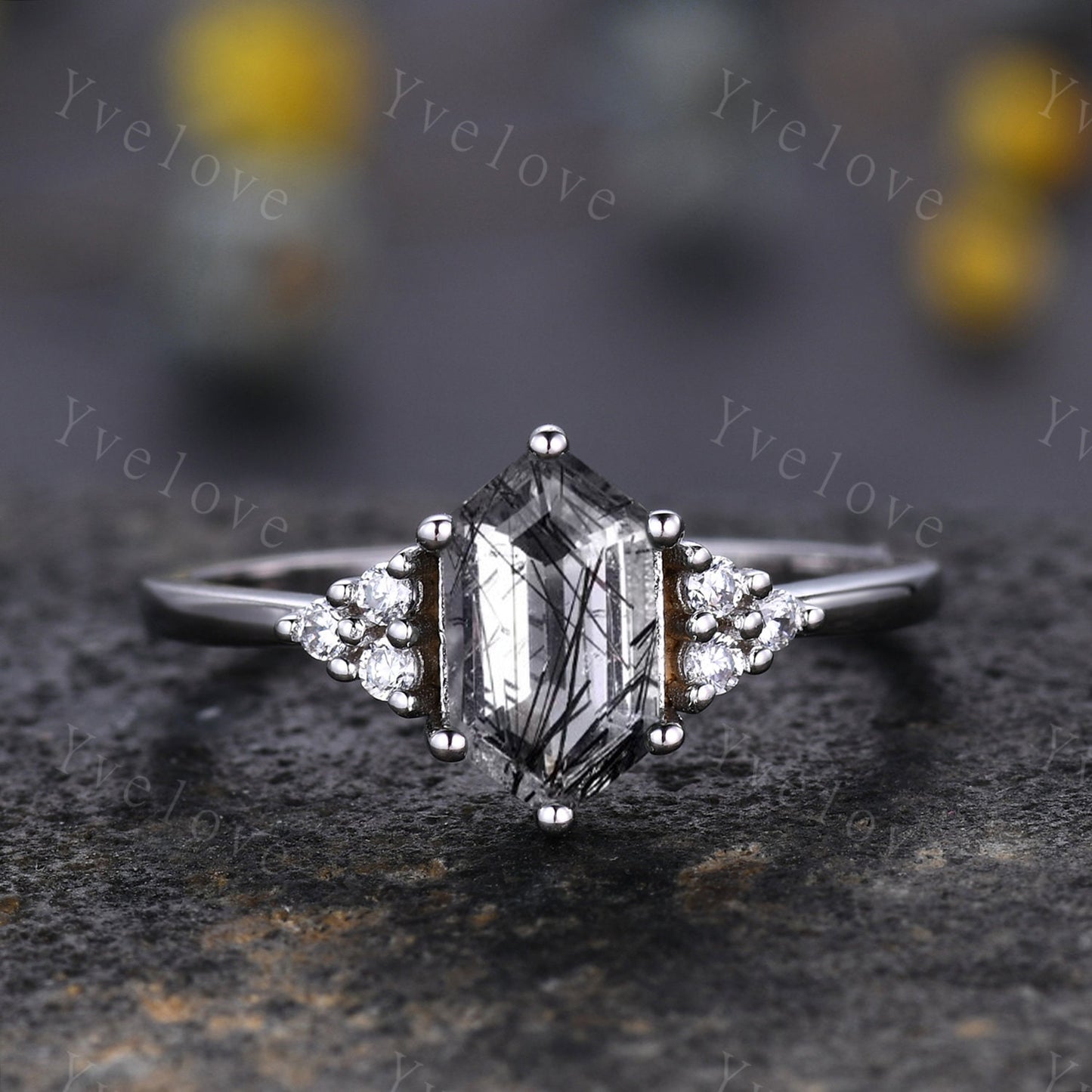 Retro hexagon Black Rutilate Quartz Ring,Vintage Black Silver Ring,Unique Black Quartz Engagement Ring,Promise Bridal Ring Gift For Her