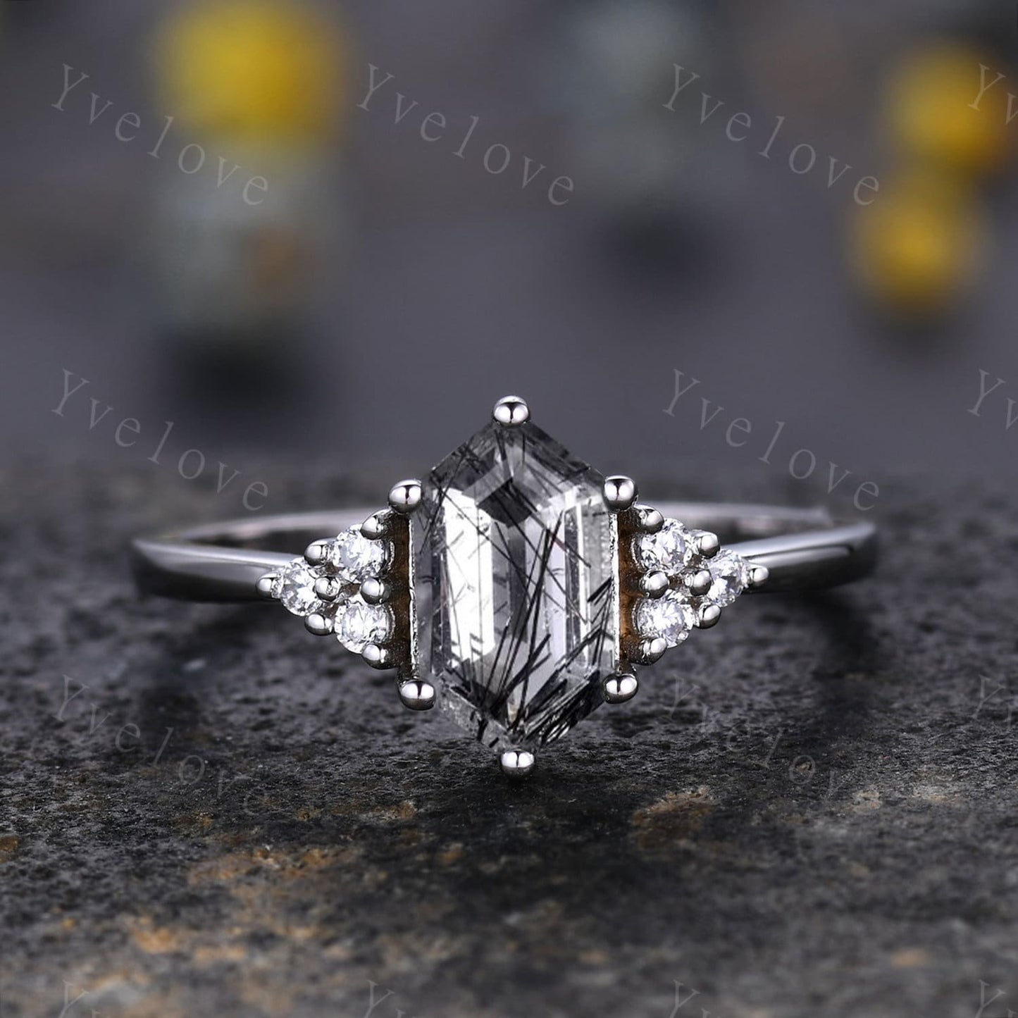Retro hexagon Black Rutilate Quartz Ring,Vintage Sterling Silver Ring Set,Unique Engagement Ring,Promise Ring,Anniversary Ring Gift For Her