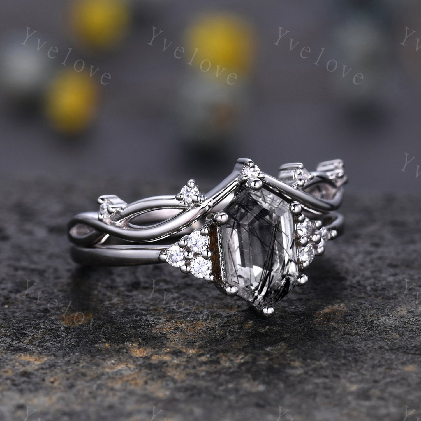 Retro hexagon Black Rutilate Quartz Ring,Vintage Sterling Silver Ring,Unique Black Quartz Engagement Ring,Promise Bridal Ring Gift For Her