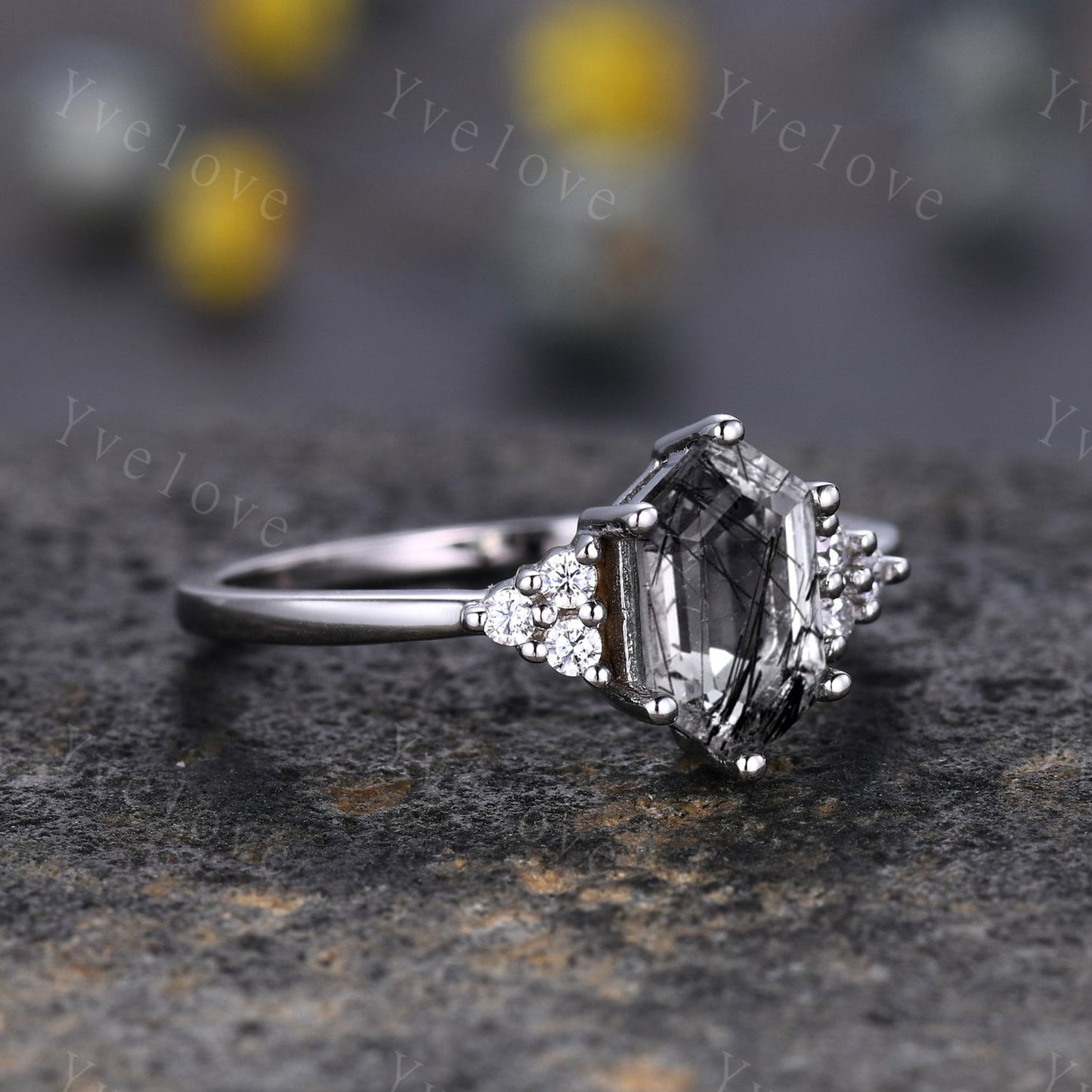 Retro hexagon Black Rutilate Quartz Ring,Vintage Sterling Silver Ring,Unique Black Quartz Engagement Ring,Promise Bridal Ring Gift For Her