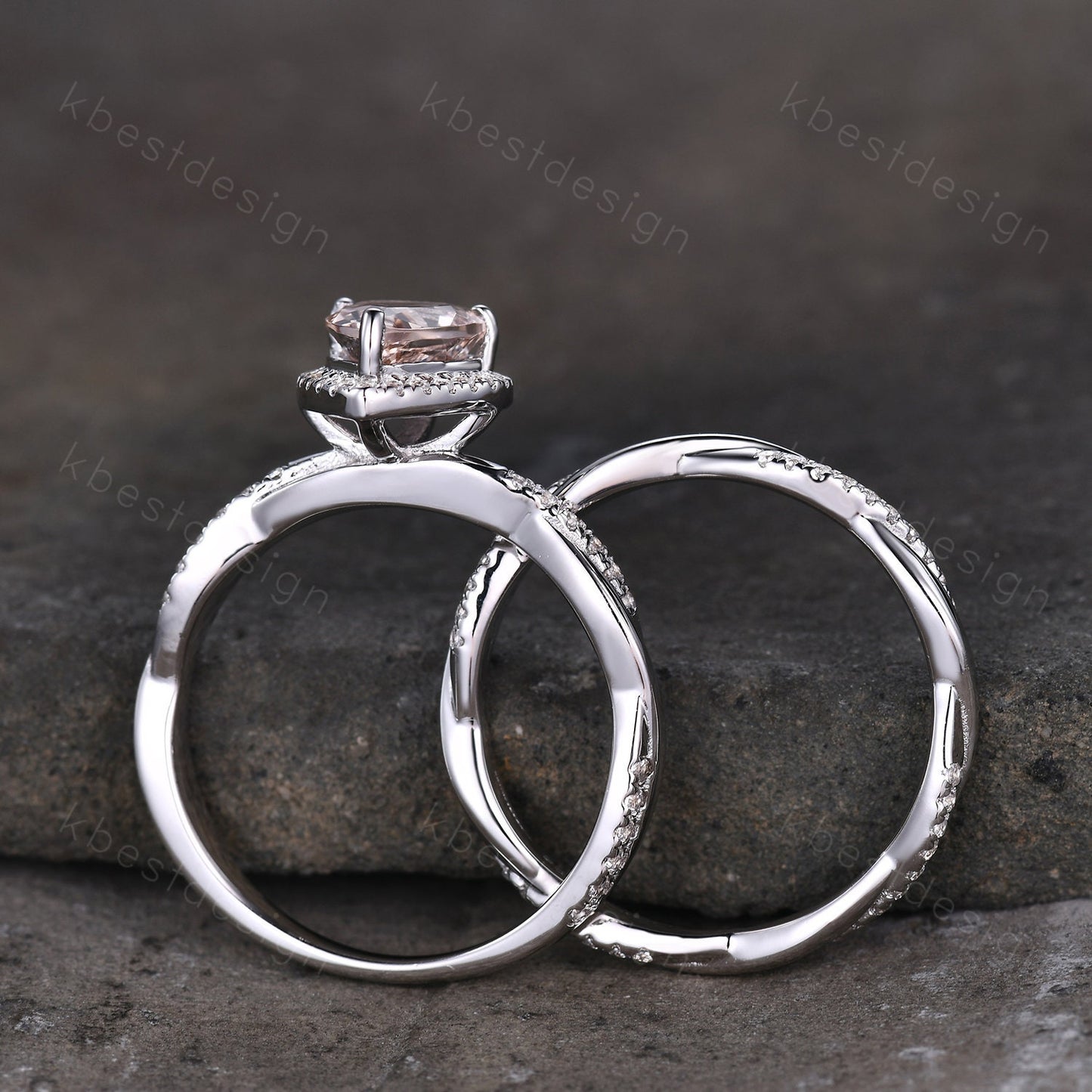 Vintage Morganite Engagement Ring Set White Gold Teardrop Peach Morganite Ring Unique Twisted Moissanite Wedding Band Bridal Promise Ring