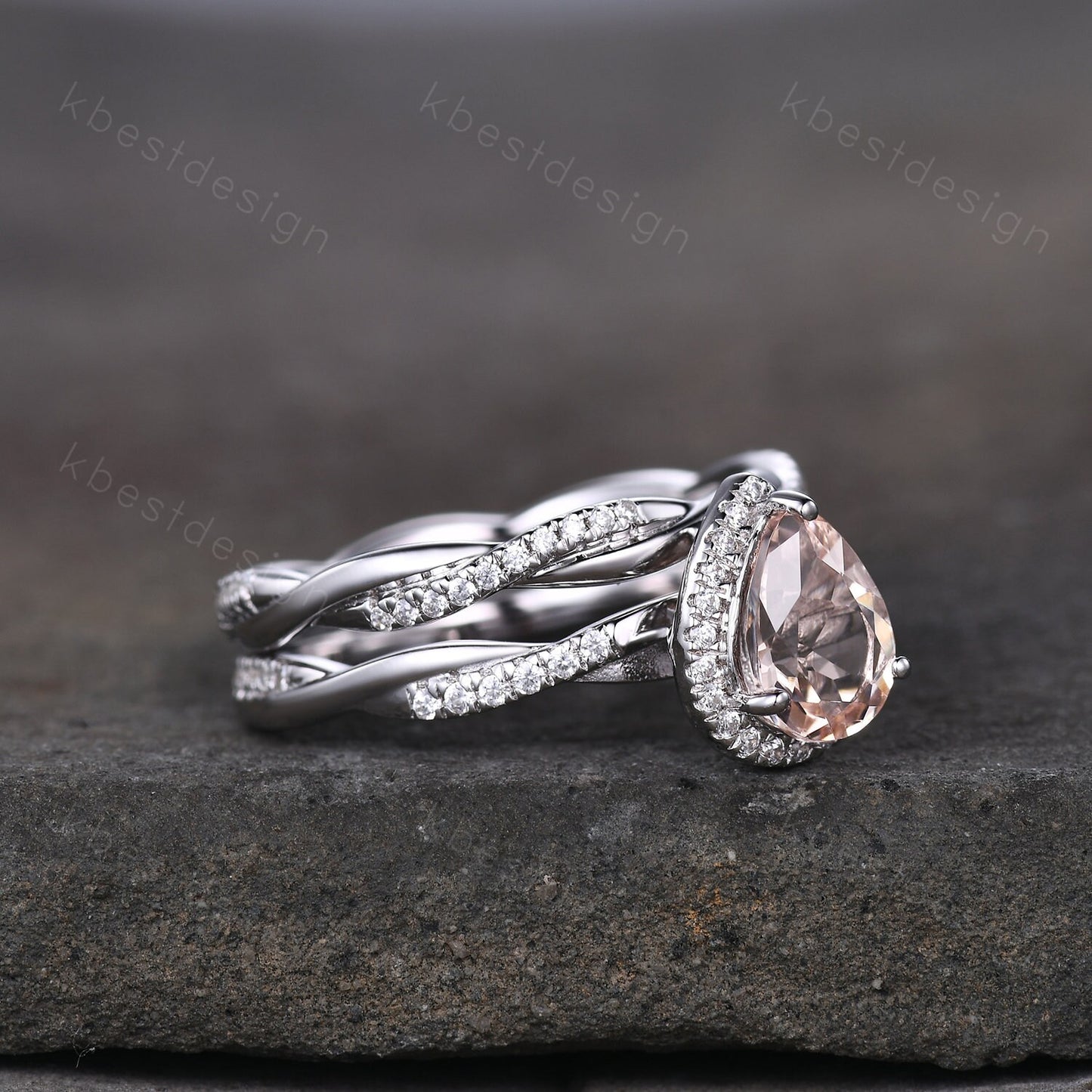 Vintage Morganite Engagement Ring Set White Gold Teardrop Peach Morganite Ring Unique Twisted Moissanite Wedding Band Bridal Promise Ring