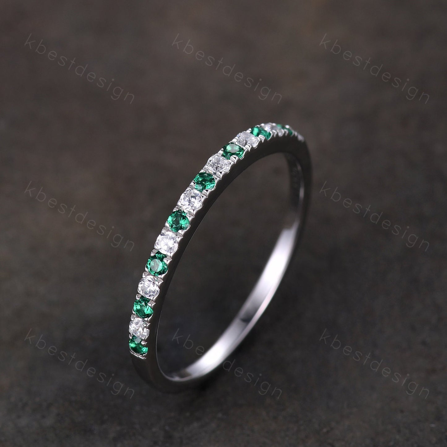 Half Eternity Emerald Wedding Band 1.5mm Emerald Moissanite Wedding Band May Birthstone Ring Pave Stacking Band Anniversary Gift for Her