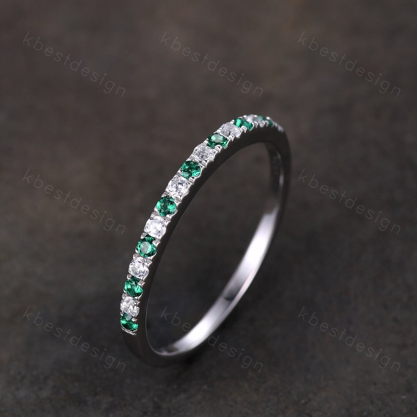 Half Eternity Emerald Wedding Band 1.5mm Emerald Moissanite Wedding Band May Birthstone Ring Pave Stacking Band Anniversary Gift for Her