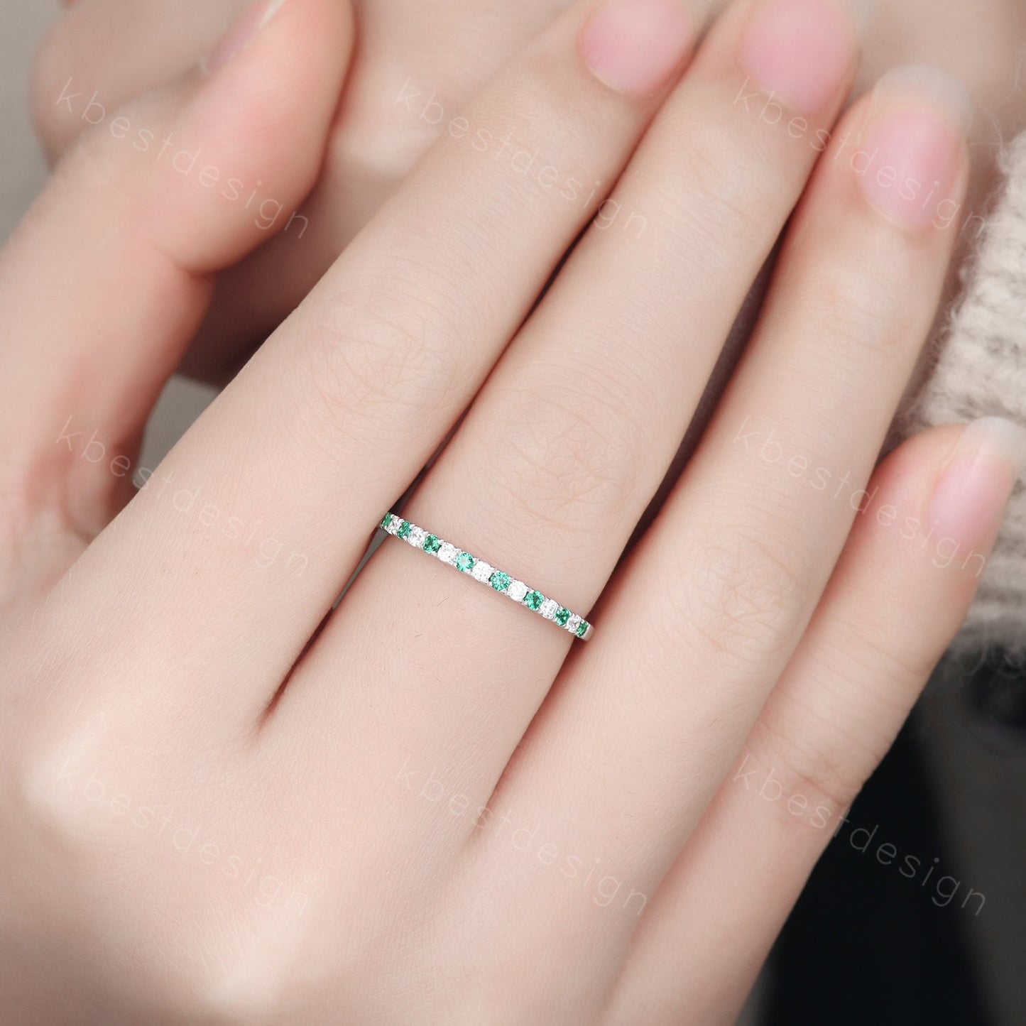 Half Eternity Emerald Wedding Band 1.5mm Emerald Moissanite Wedding Band May Birthstone Ring Pave Stacking Band Anniversary Gift for Her