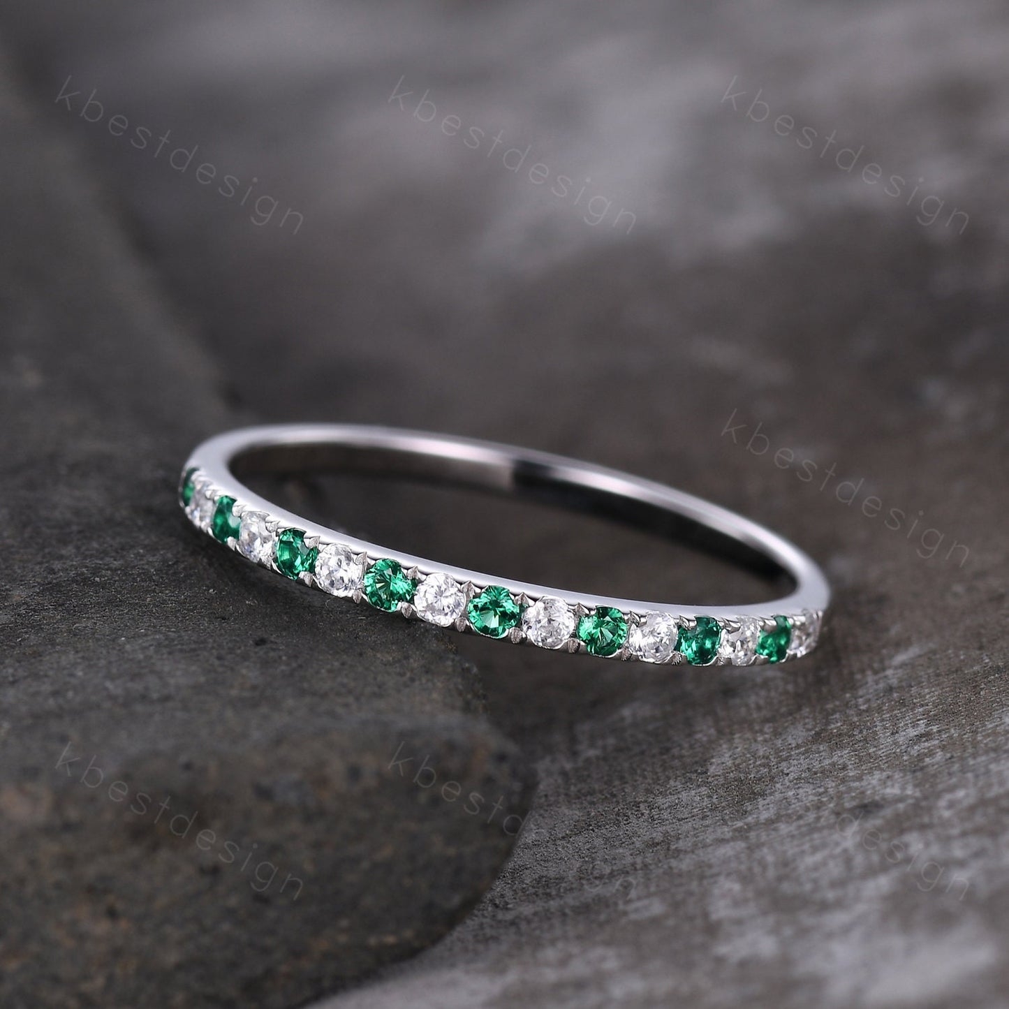 Half Eternity Emerald Wedding Band 1.5mm Emerald Moissanite Wedding Band May Birthstone Ring Pave Stacking Band Anniversary Gift for Her