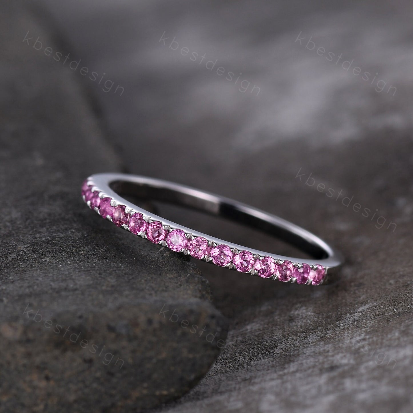 1.5mm Pink Tourmaline Wedding Band Half Eternity Stacking Band Minimalist Ring Silver Rings for Women Pave Matching Band Anniversary Ring