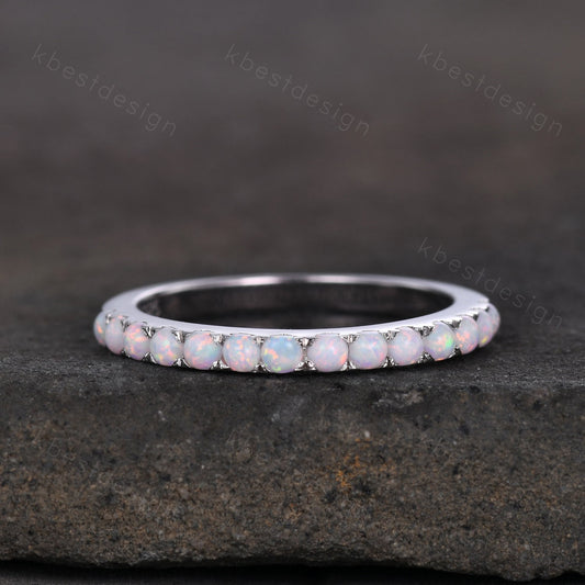 Opal Ring, Half Eternity Opal Wedding Band, Opal Stacking Matching Band, October Birthstone Ring, Anniversary Ring, White Gold Ring