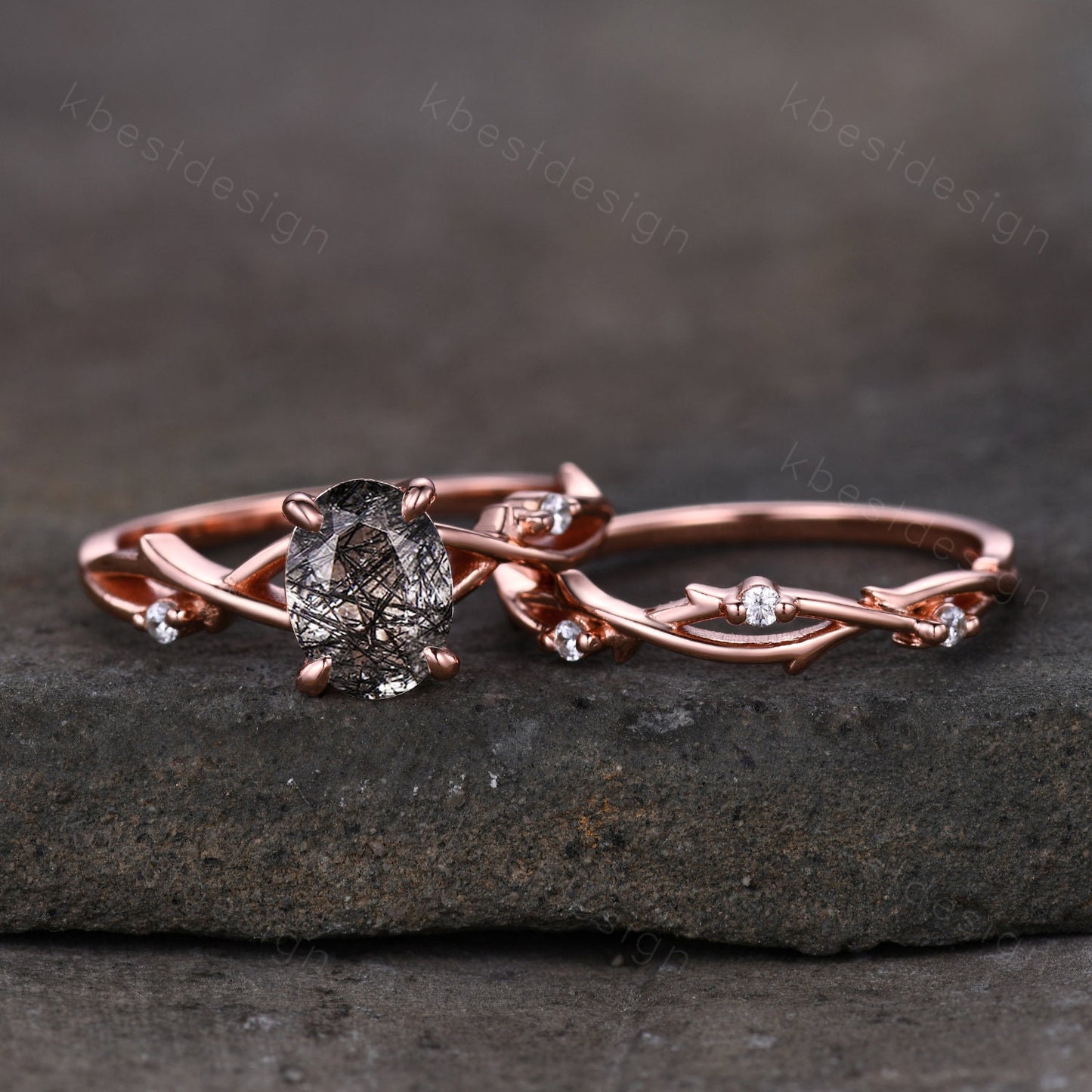 Vintage black rutilated quartz engagement ring 14k rose gold oval cut ring art deco twig leaf stacking band unique bridal wedding ring set