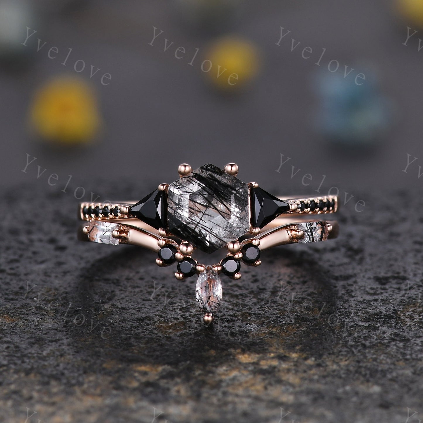 Hexagon Cut Black Rutilated Quartz Engagement Ring,Vingate Bridal Set,Black Spinel,Silver Ring,Gothic Ring,Promise Wedding Ring Gift for Her