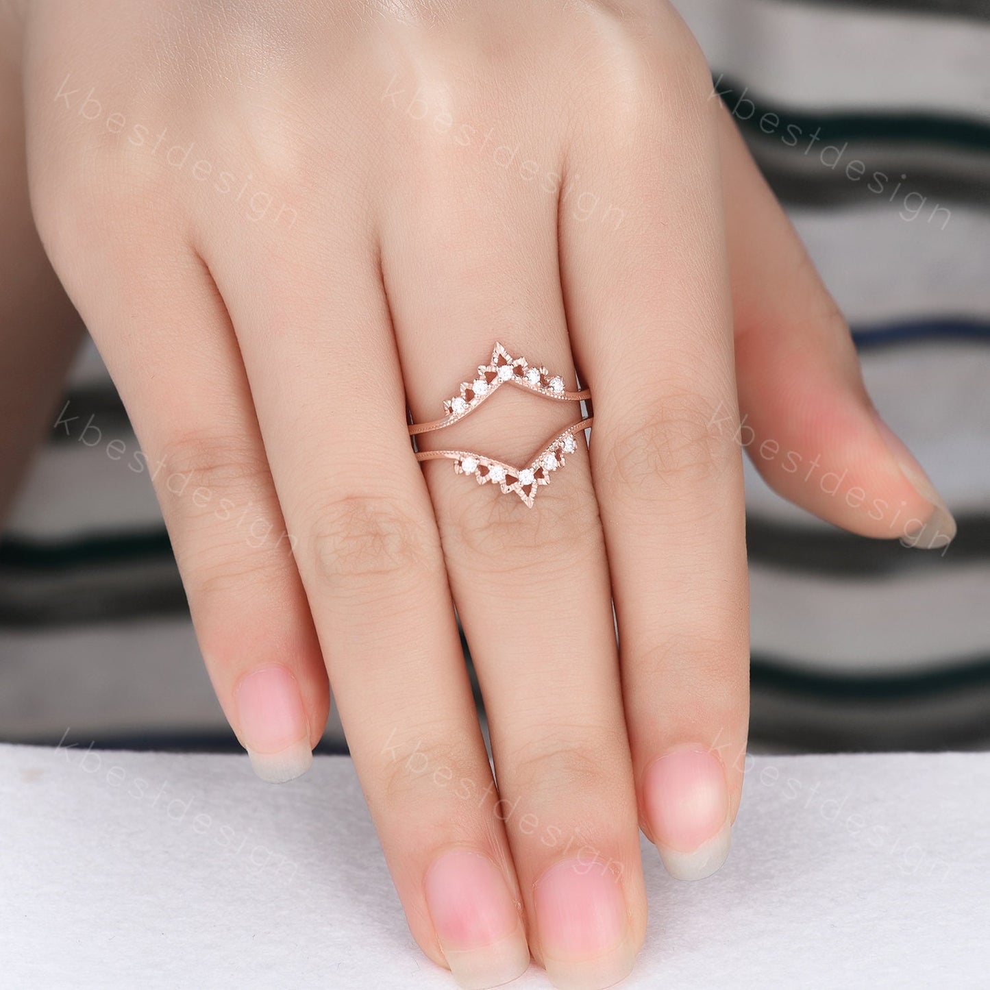 Art deco Moissanite double curved wedding band rose gold enhancer band unique stacking matching band Antique bridal anniversary ring
