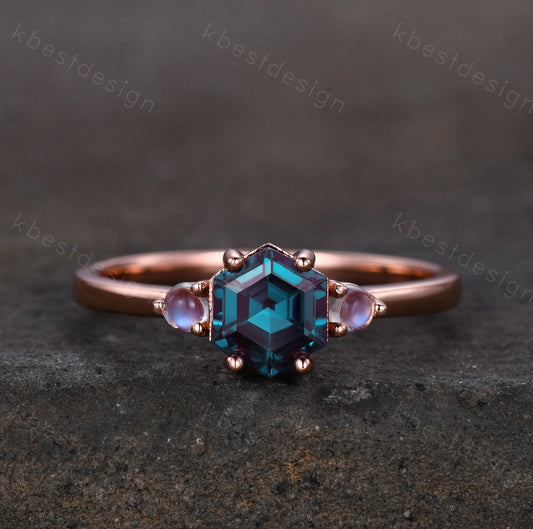 Vintage Alexandrite engagement ring hexagon cut ring rose gold moonstone wedding ring three stone engagement ring bridal promise ring