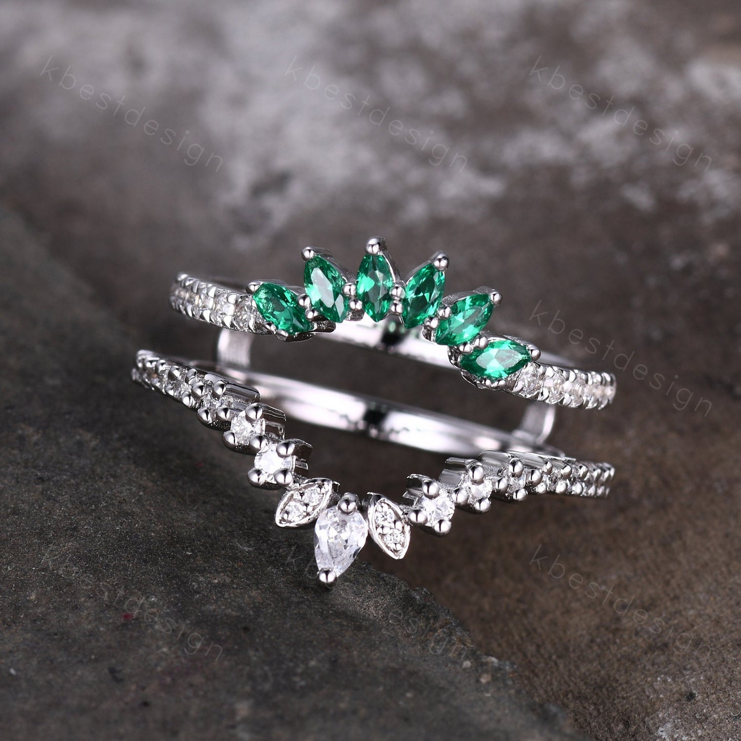 Double curved Emerald/Moissanite wedding band vintage White gold marquise emerald cluster band Half eternity stacking band Promise gift