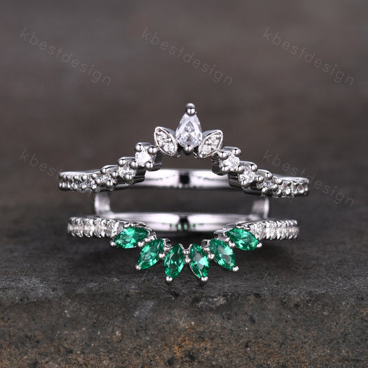 Double curved Emerald/Moissanite wedding band vintage White gold marquise emerald cluster band Half eternity stacking band Promise gift