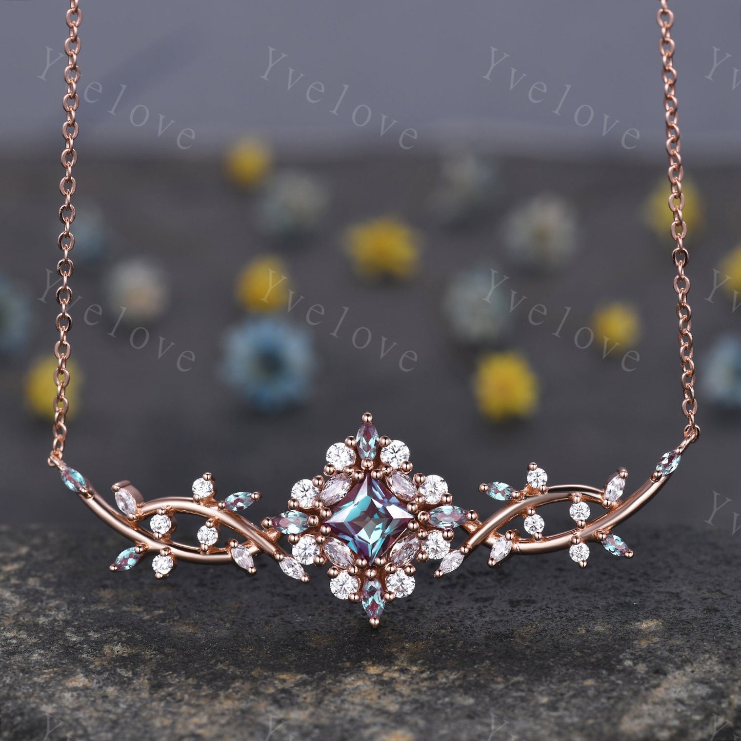Unique Princess shaped Alexandrite Pendant,Cluster Alexandrite Necklace,Pinky Gold Art Deco Moissanite Necklace,June Gift,Retro Women Gift