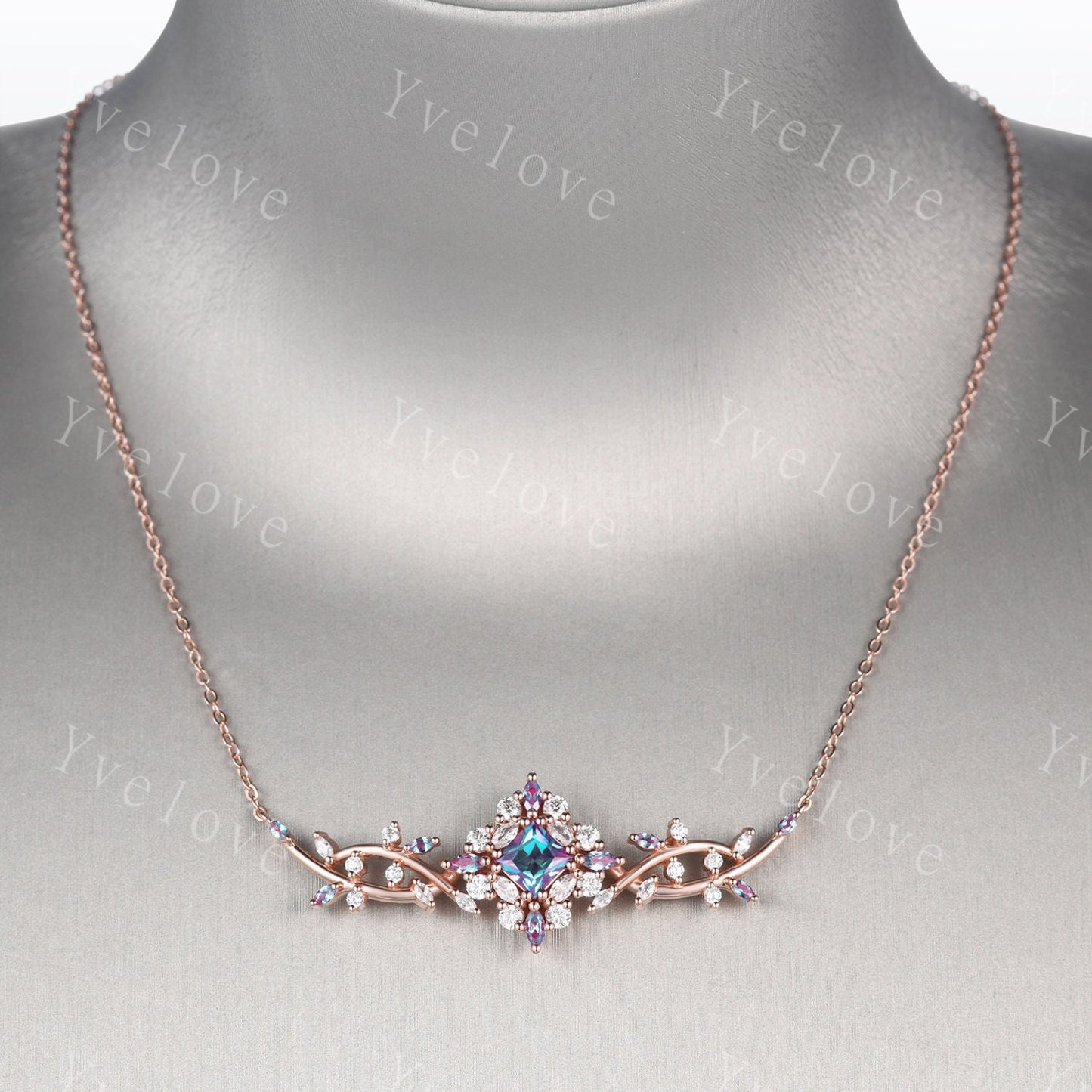 Unique Princess shaped Alexandrite Pendant,Cluster Alexandrite Necklace,Pinky Gold Art Deco Moissanite Necklace,June Gift,Retro Women Gift