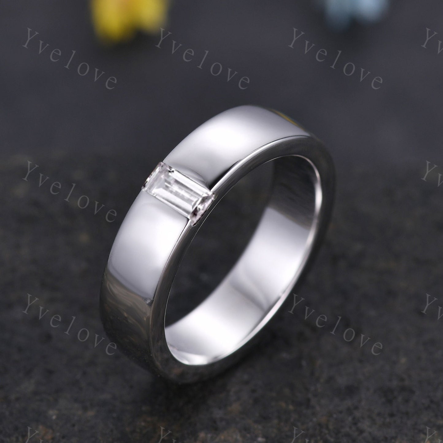 Mens Moissanite Wedding Band Baguette Cut Moissanite Band 5mm Solid Gold Ring Mens Solitaire Stacking Matching Band Retro Vintage Ring Gift