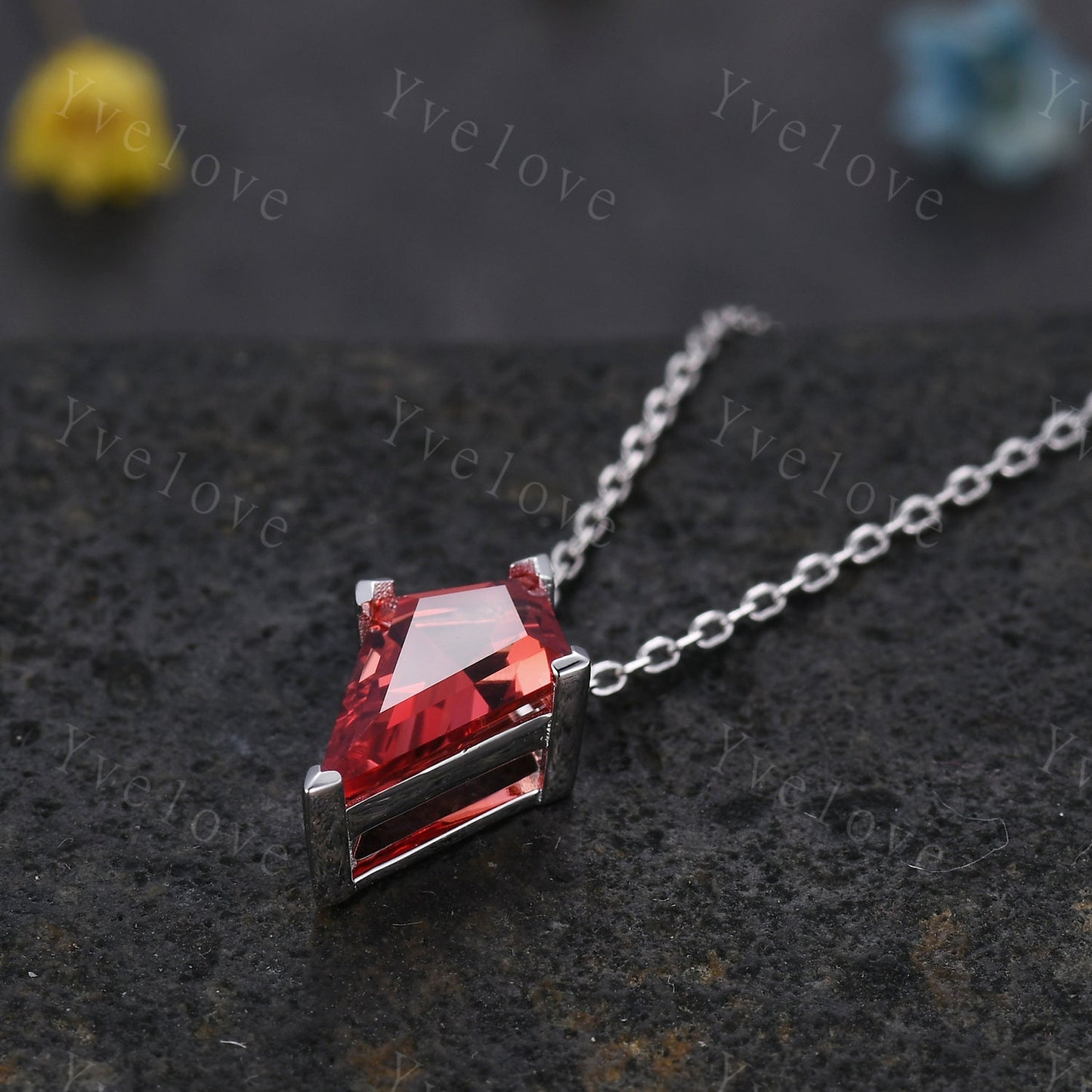 Unique Kite shaped Padparadscha Sapphire Pendant,Minimalist Sapphire Necklace,Silver Art Deco Necklace,Vintage Women Bridal Gift Mom Gift