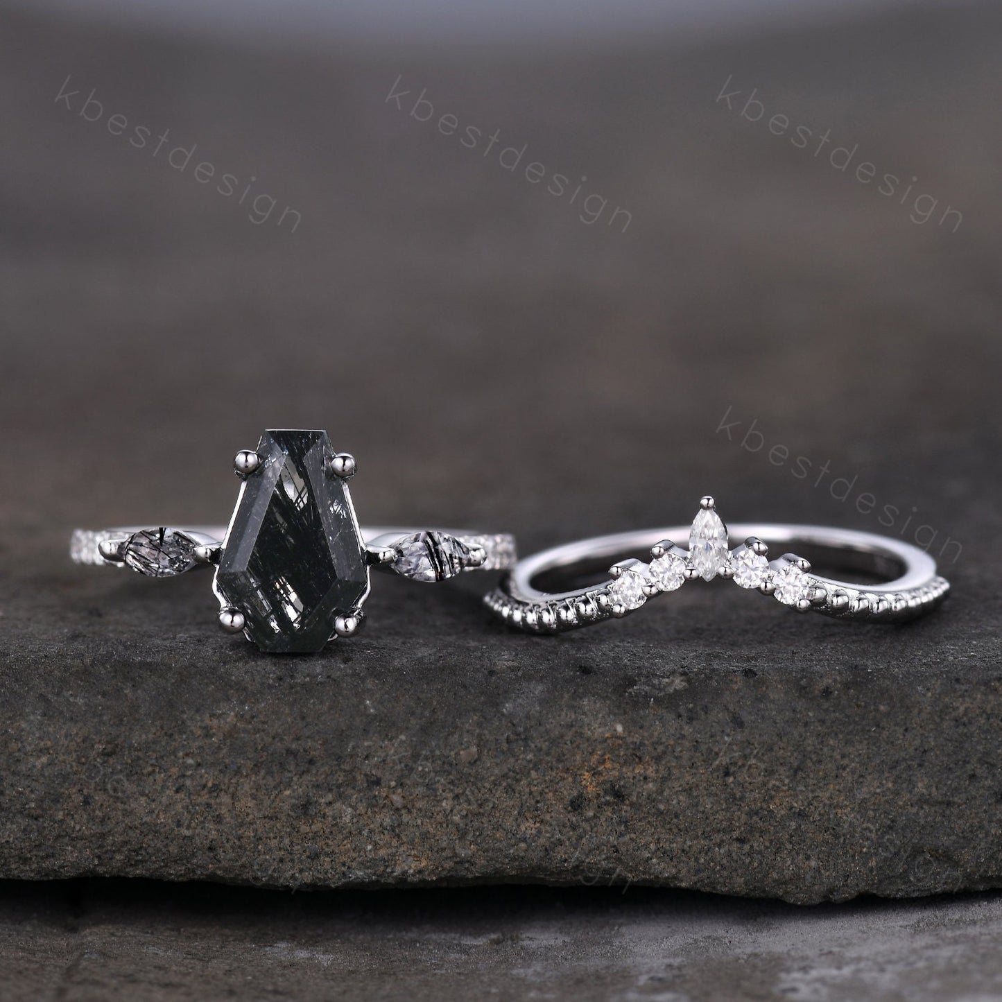 Coffin shaped black rutilated quartz engagement ring set unique art deco Moissanite wedding ring silver ring vintage bridal wedding ring set