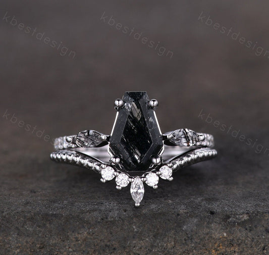 Coffin shaped black rutilated quartz engagement ring set unique art deco Moissanite wedding ring silver ring vintage bridal wedding ring set