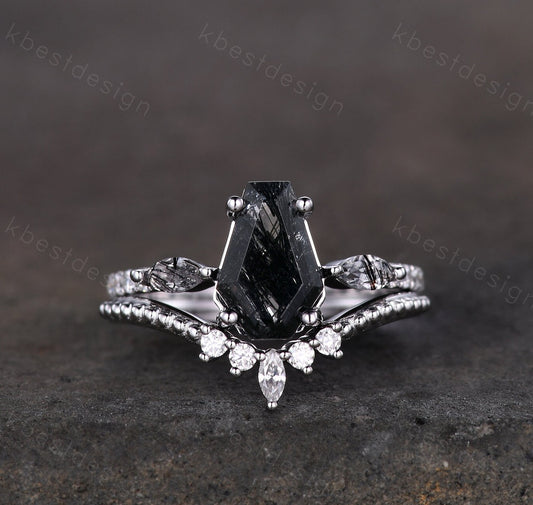 Coffin shaped black rutilated quartz engagement ring set unique art deco Moissanite wedding ring silver ring vintage bridal wedding ring set