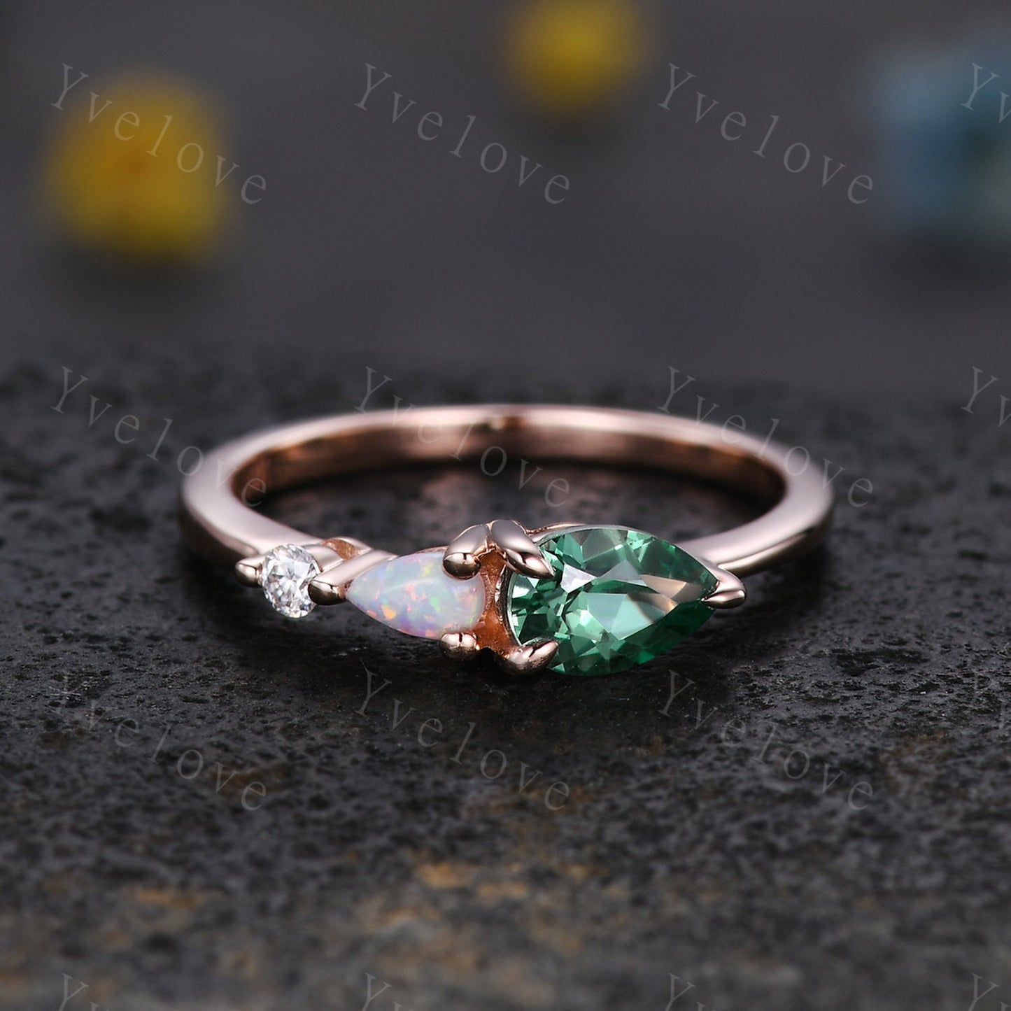 Vintage Teal Sapphire Opal Engagement Ring,Pear Cut Gems,Art Deco Moissanite Wedding Band,3 Stone Unique Women Bridal Promise Ring,Custom
