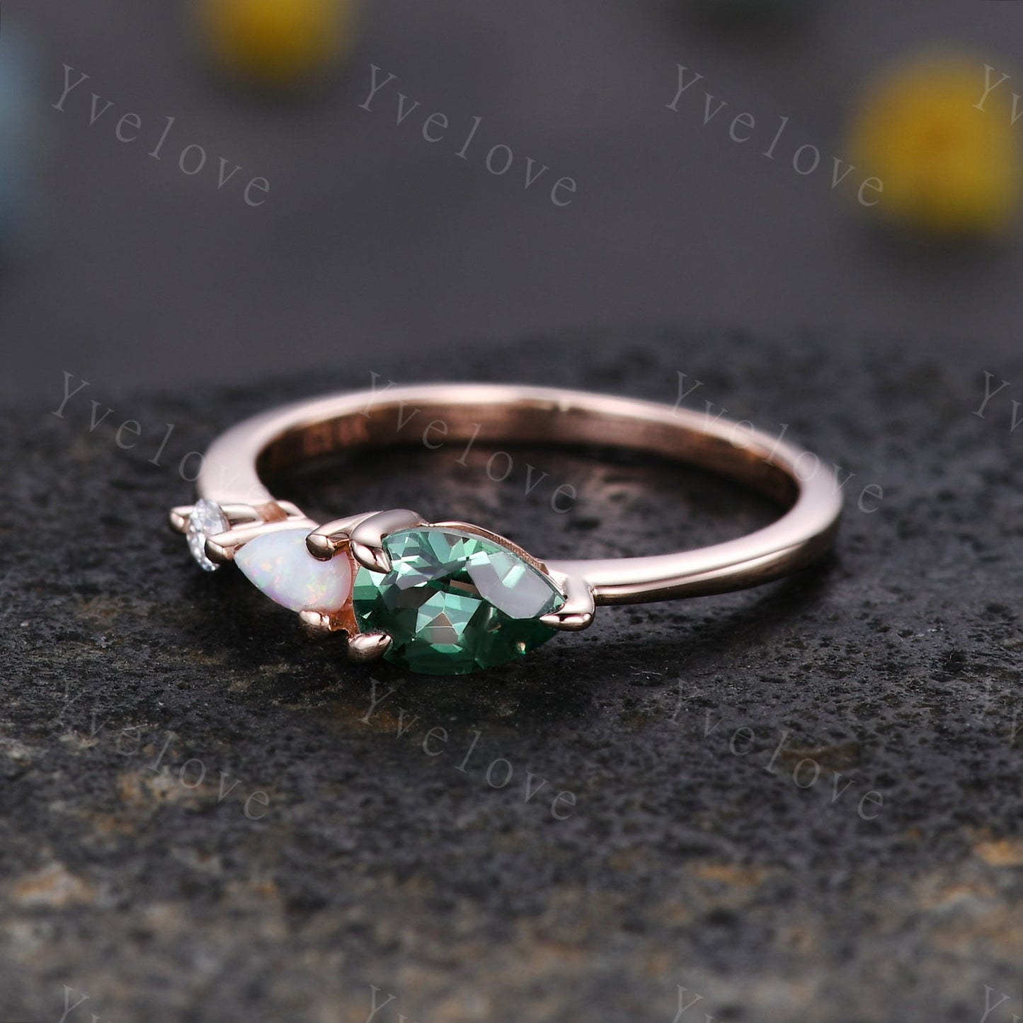 Vintage Teal Sapphire Opal Engagement Ring,Pear Cut Gems,Art Deco Moissanite Wedding Band,3 Stone Unique Women Bridal Promise Ring,Custom