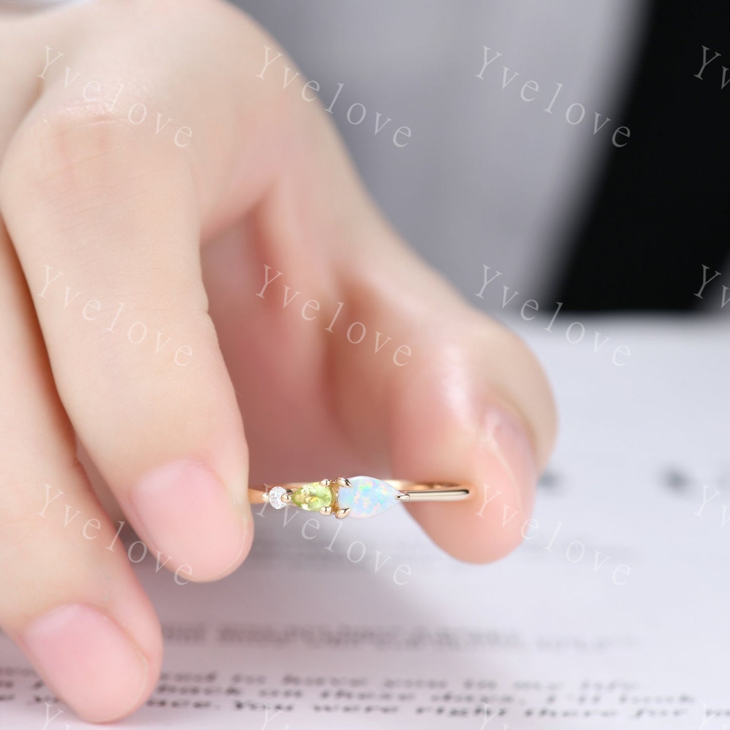 Vintage Opal Peridot Engagement Ring,Pear Cut Gems,Art Deco Moissanite Wedding Band,3 Stone Unique Women Bridal Promise Ring,Birthday Gift