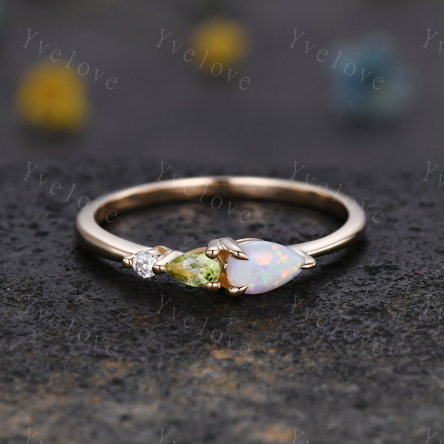 Vintage Opal Peridot Engagement Ring,Pear Cut Gems,Art Deco Moissanite Wedding Band,3 Stone Unique Women Bridal Promise Ring,Birthday Gift