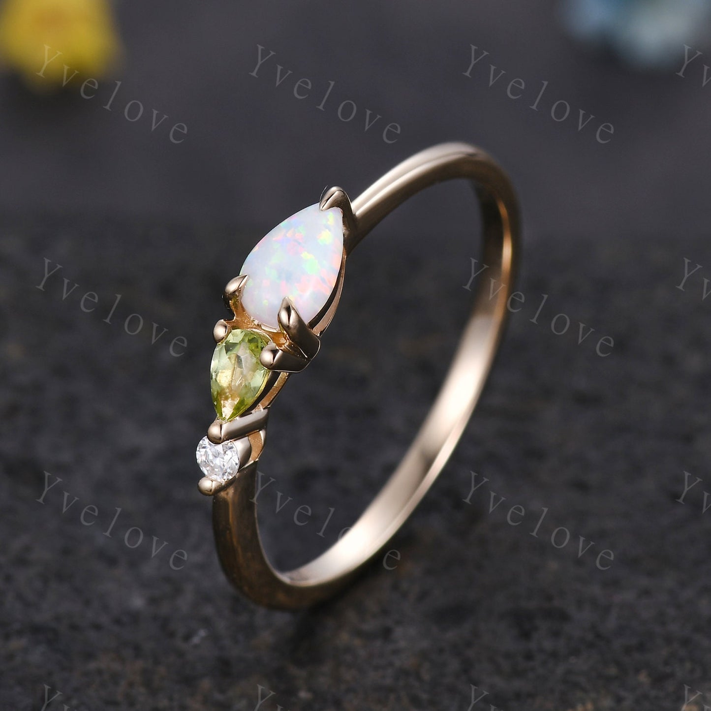Vintage Opal Peridot Engagement Ring,Pear Cut Gems,Art Deco Moissanite Wedding Band,3 Stone Unique Women Bridal Promise Ring,Birthday Gift