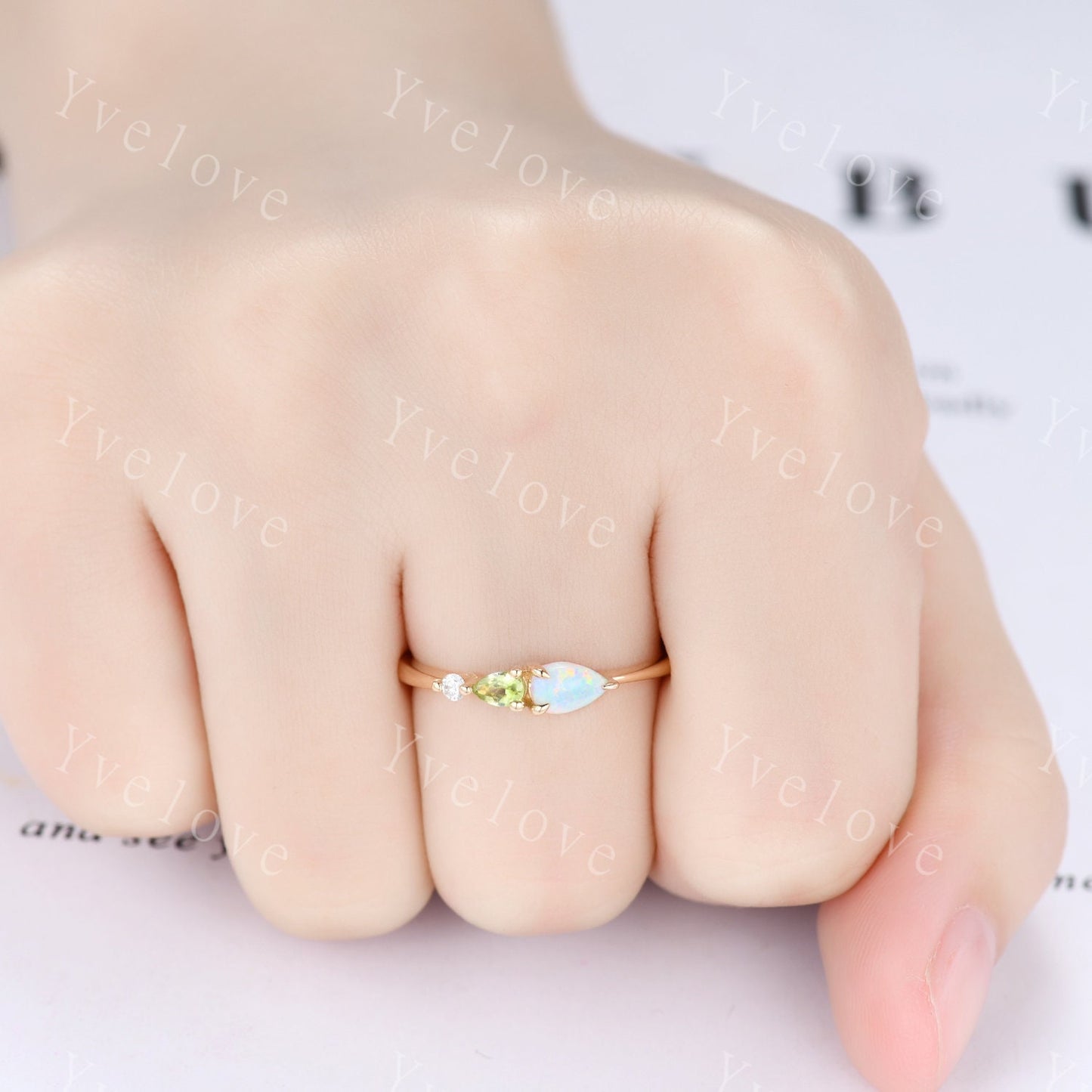 Vintage Opal Peridot Engagement Ring,Pear Cut Gems,Art Deco Moissanite Wedding Band,3 Stone Unique Women Bridal Promise Ring,Birthday Gift