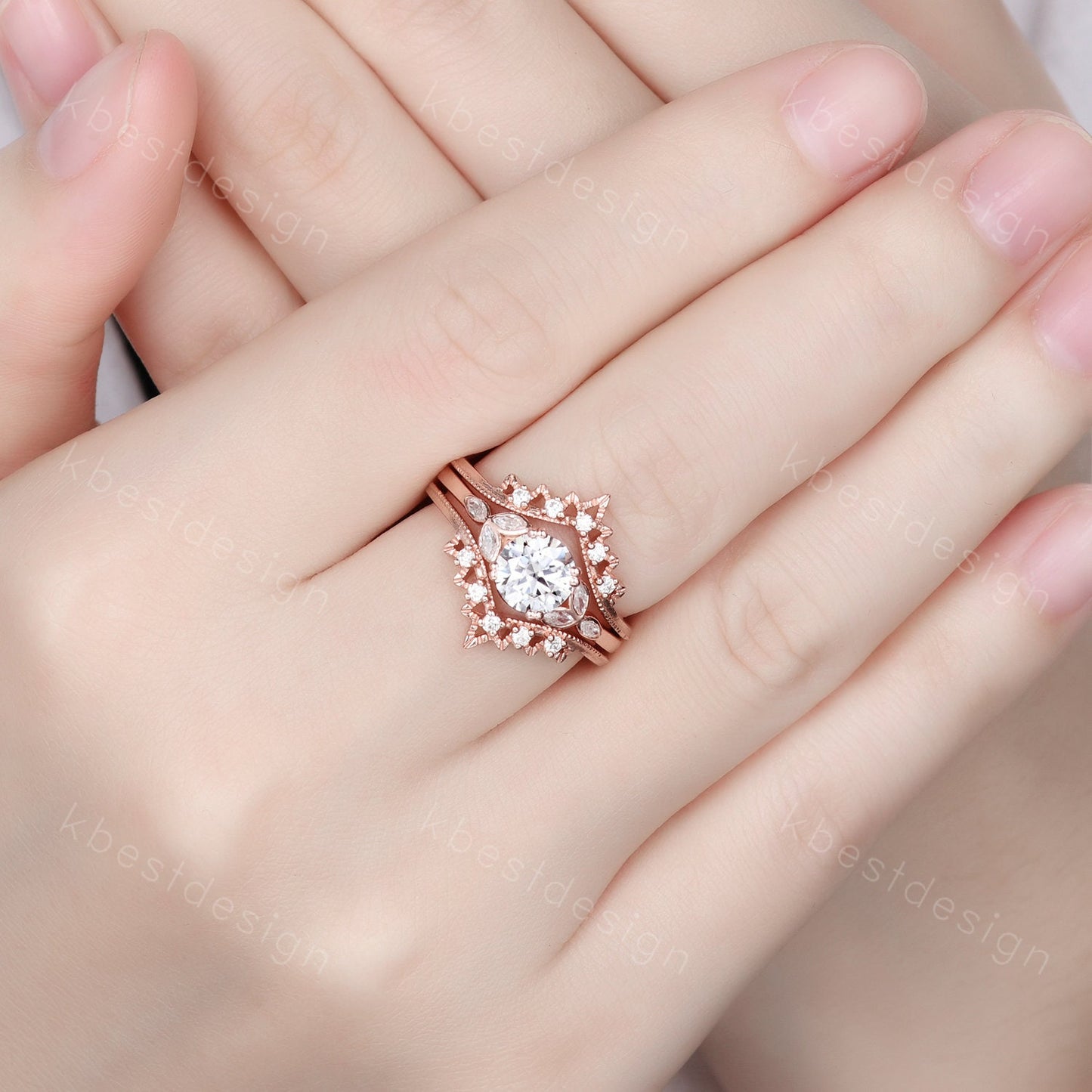 Vintage Moissanite Engagement Ring Set Rose Gold Wedding Ring Set Art Deco Double Curved Moissanite Stacking Band Unique Bridal Promise Ring