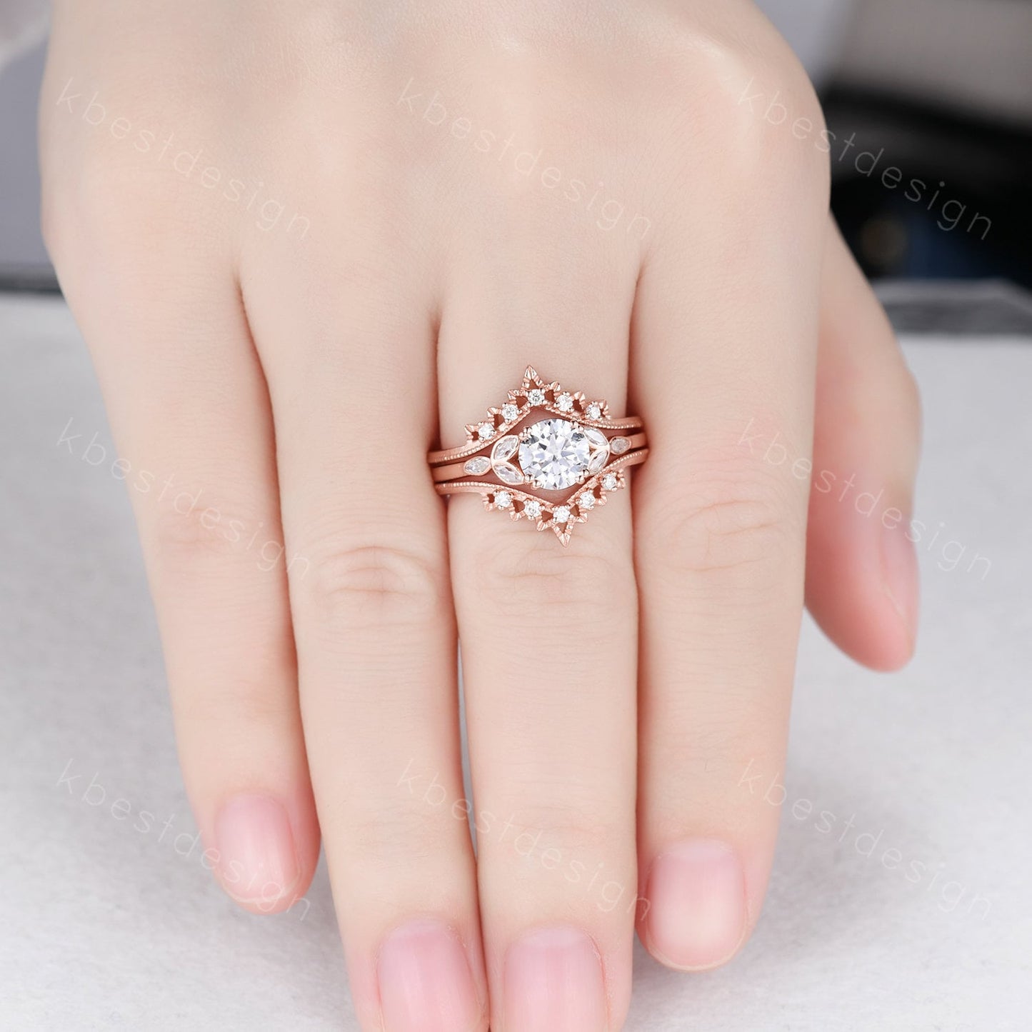 Vintage Moissanite Engagement Ring Set Rose Gold Wedding Ring Set Art Deco Double Curved Moissanite Stacking Band Unique Bridal Promise Ring