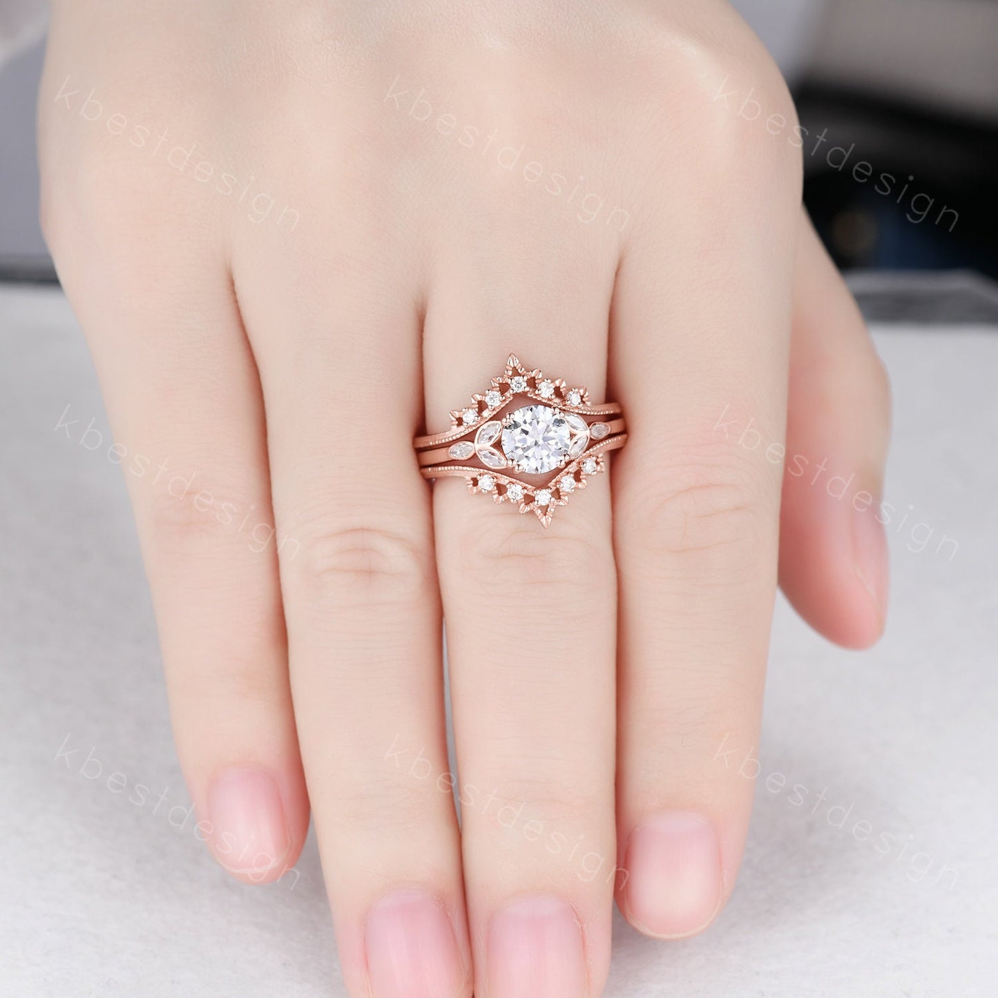 Vintage Moissanite Engagement Ring Set Rose Gold Wedding Ring Set Art Deco Double Curved Moissanite Stacking Band Unique Bridal Promise Ring