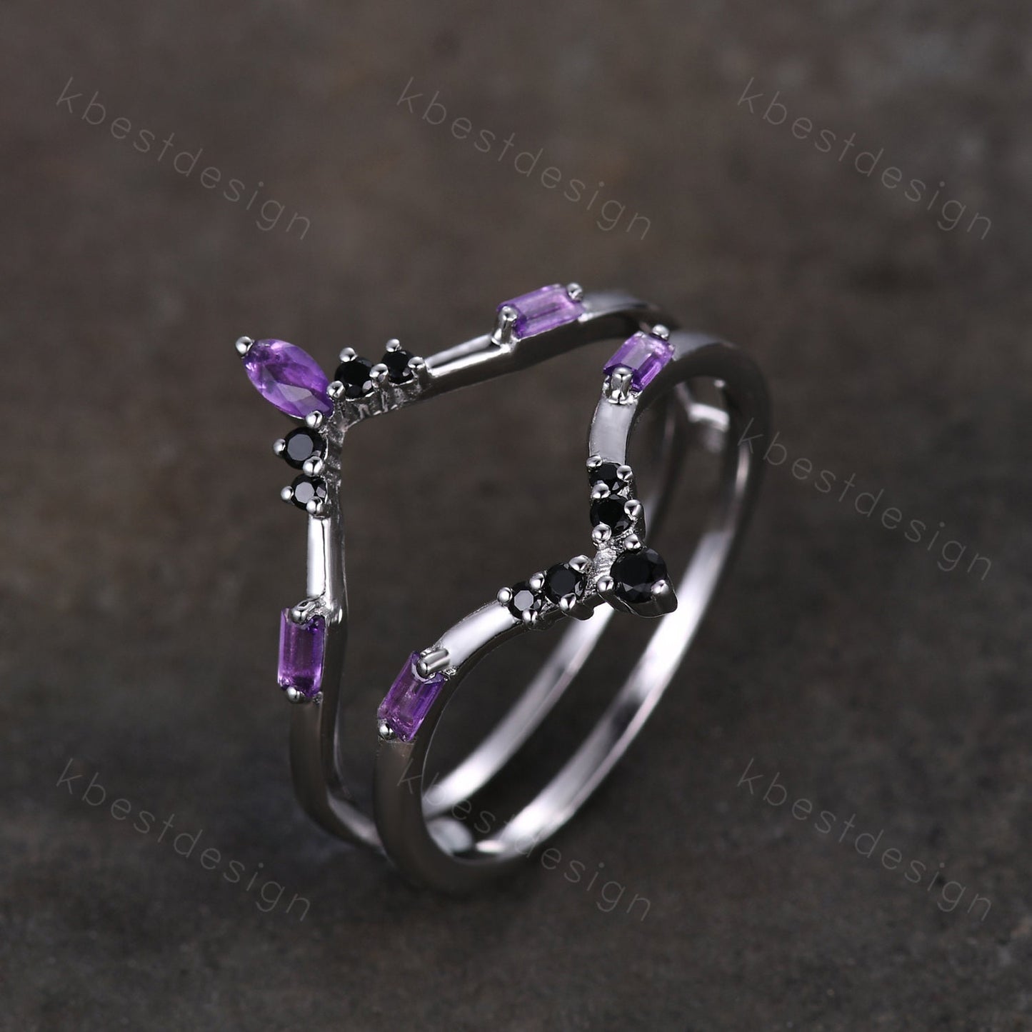 Amethyst curved wedding band baguette Amethyst double curved band Unique black spinel stacking matching band Bridal Anniversary ring